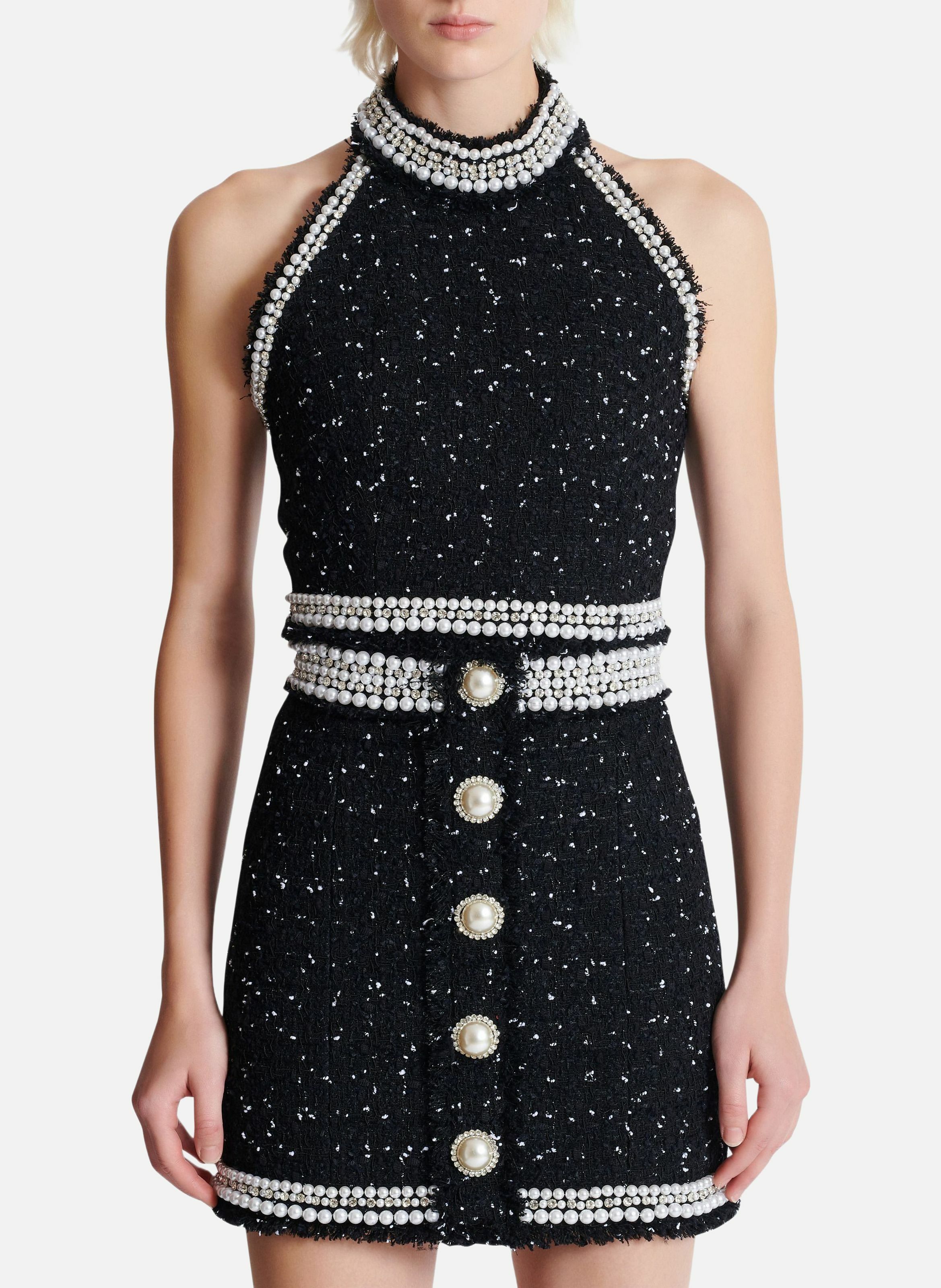 Top dos-nu en tweed polka dots brodé BALMAIN Noir