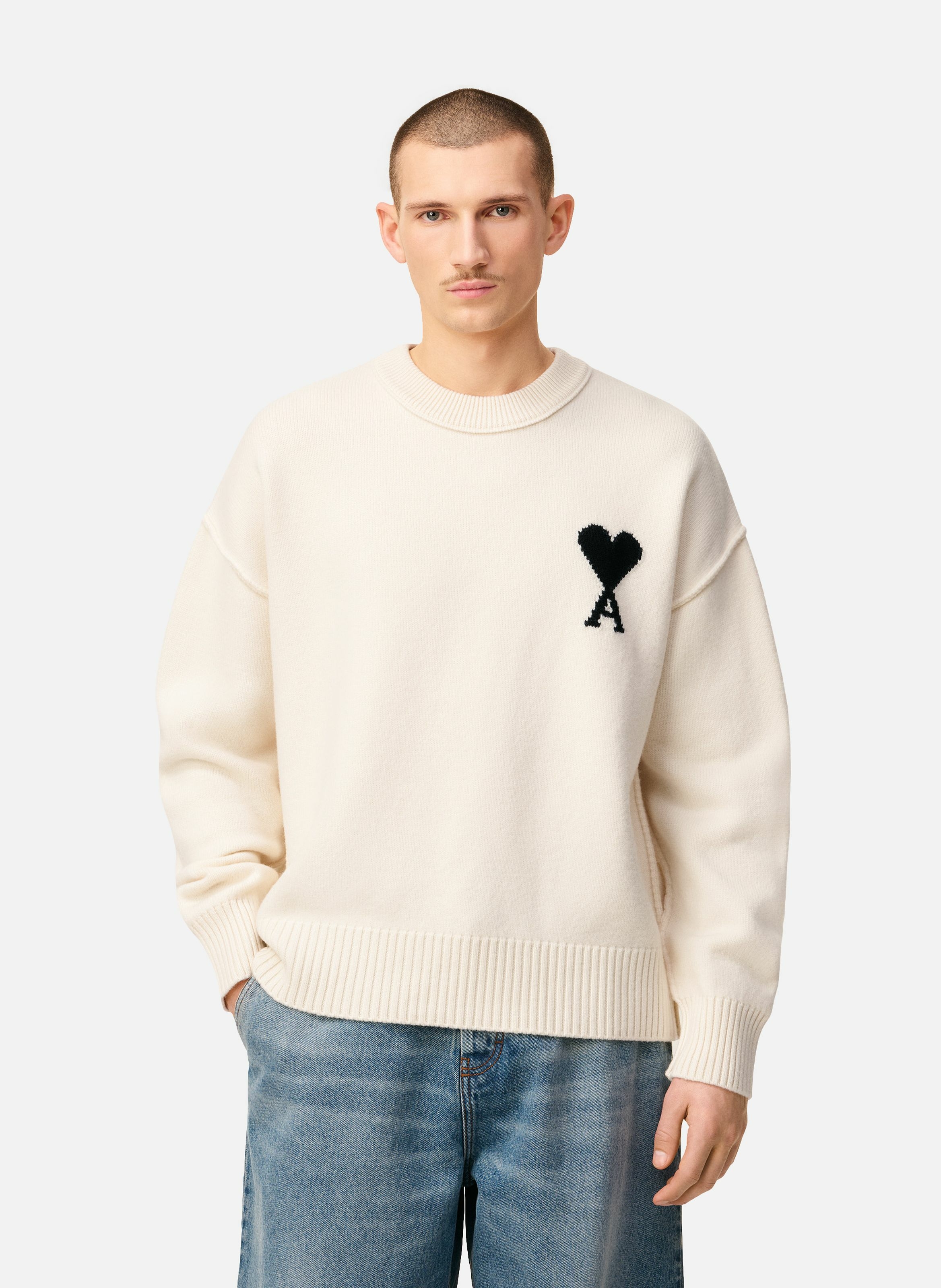Pull col rond ami de coeur en laine unisexe AMI PARIS Blanc