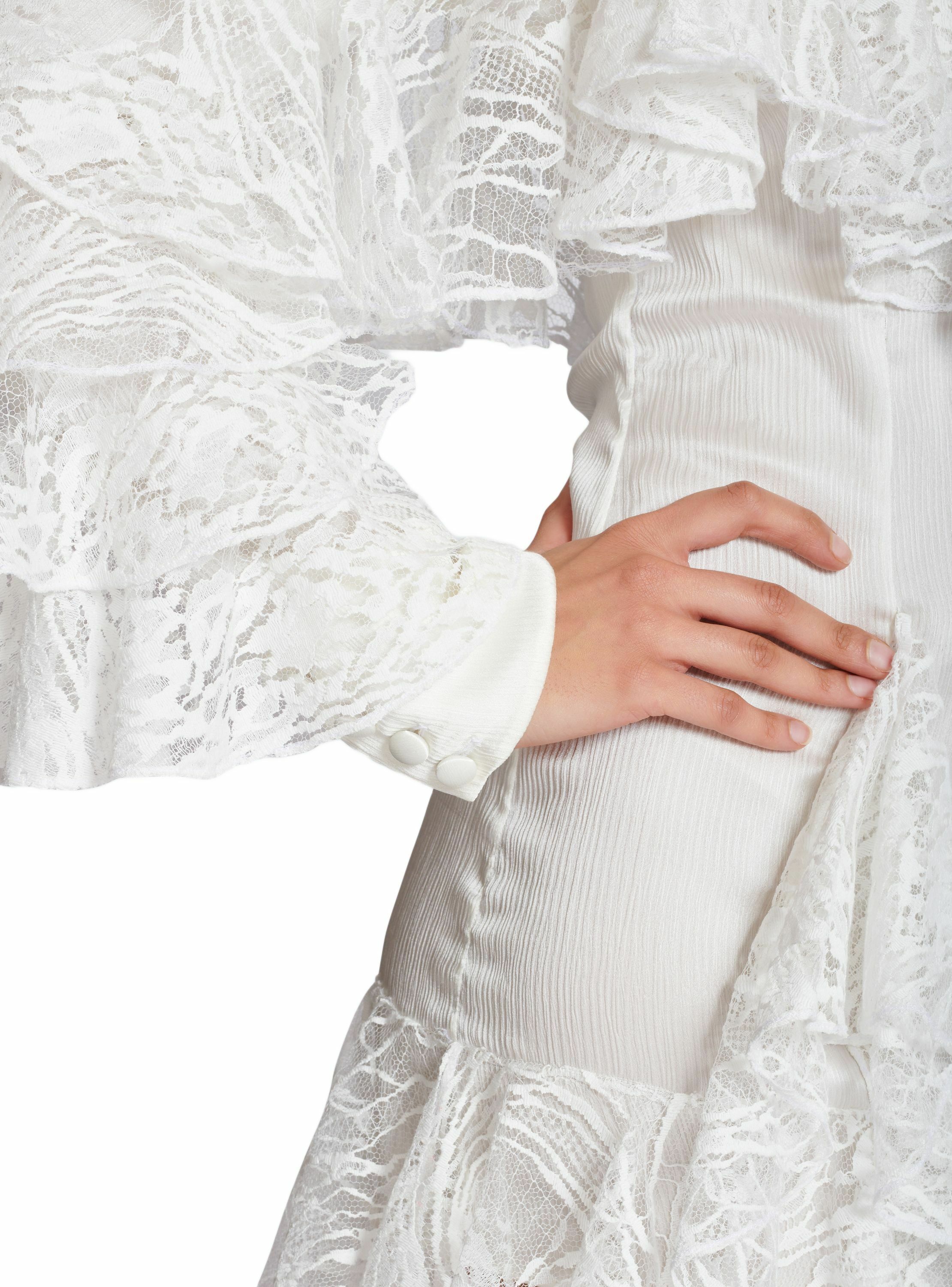 Robe fluide à volants en dentelle BALMAIN Blanc