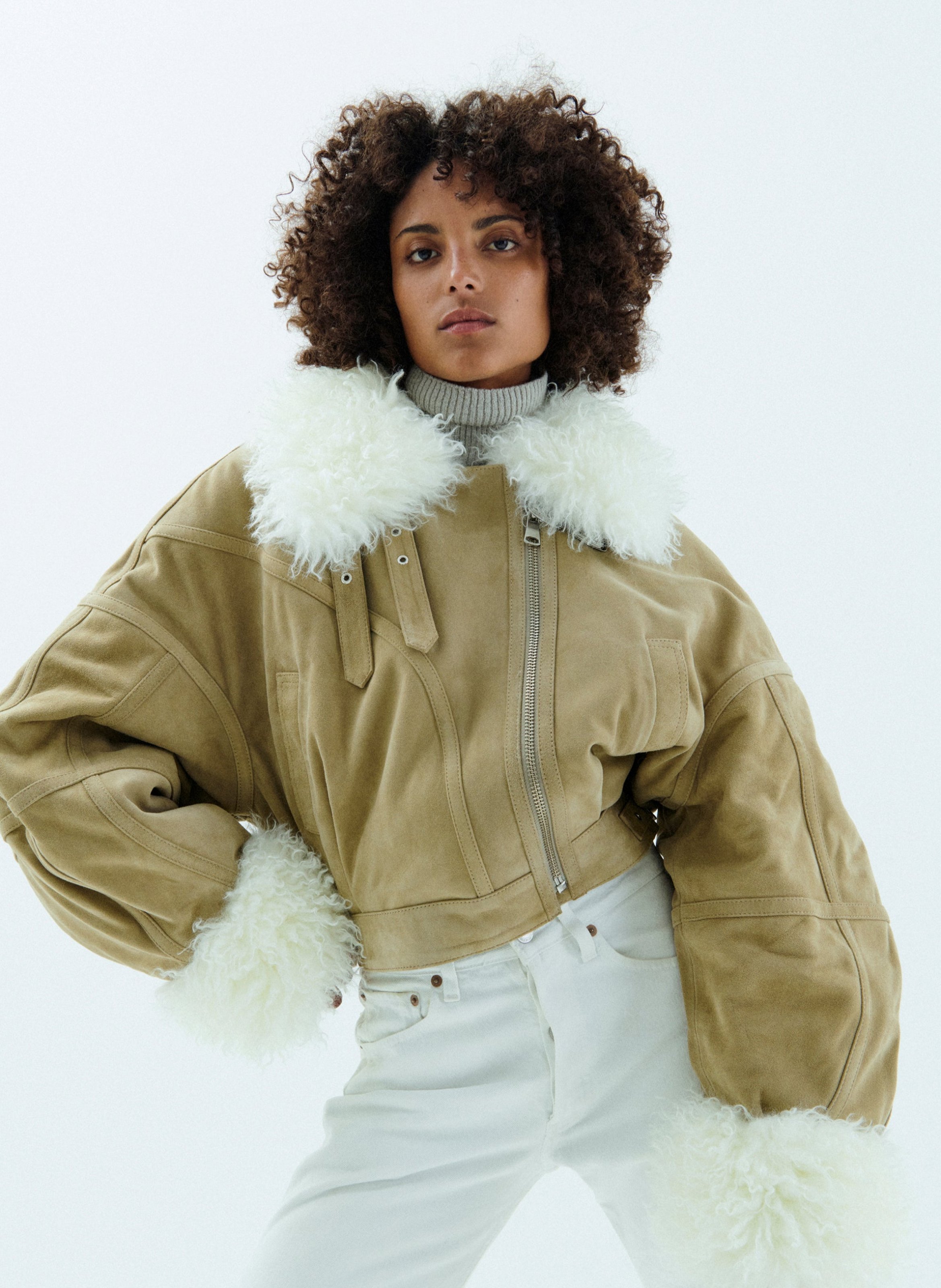 Veste aviator bouffante emblématique avec bordure en shearling VAILLANT Beige