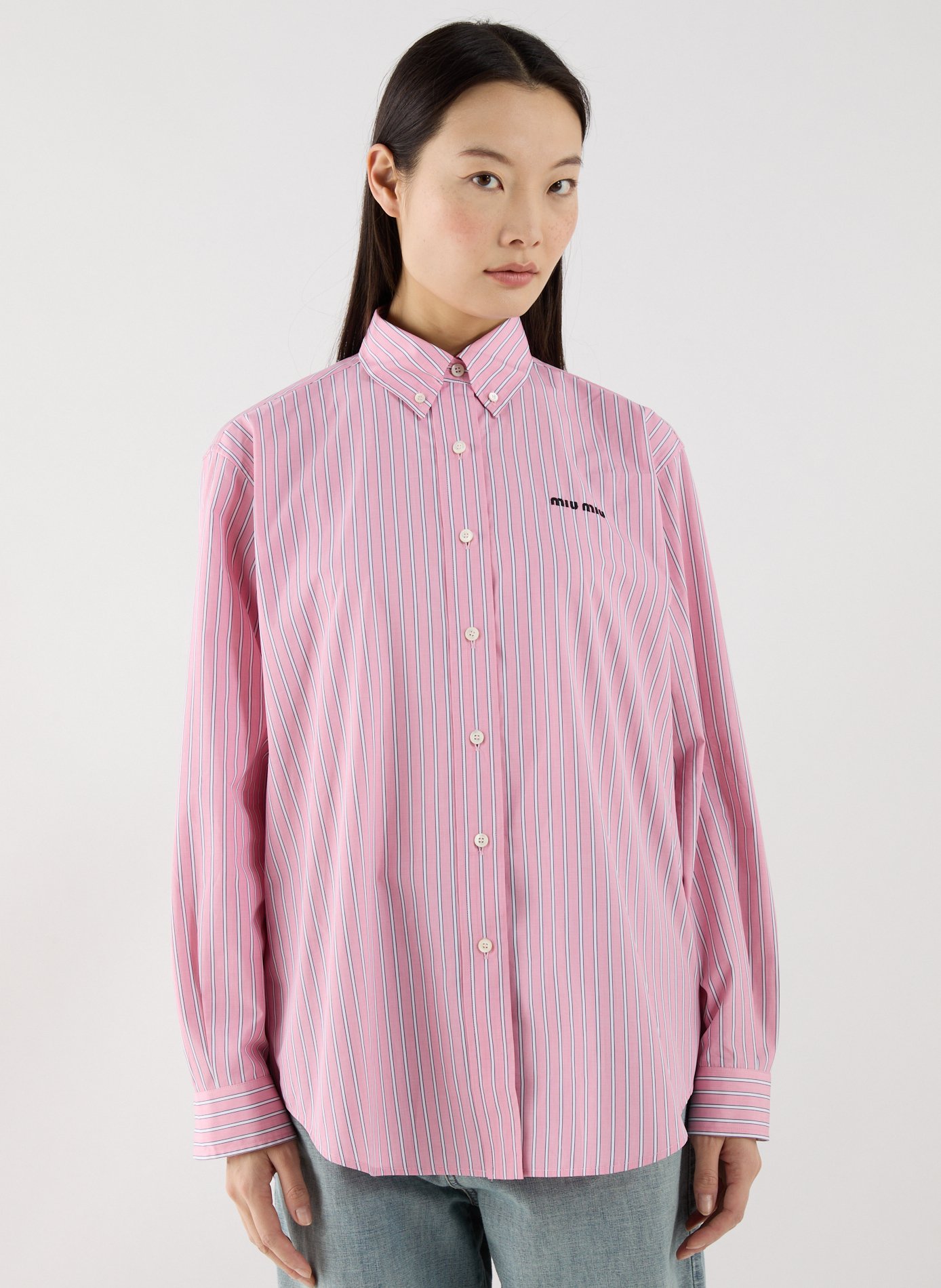 Striped cotton American collar shirt MIU MIU Pink