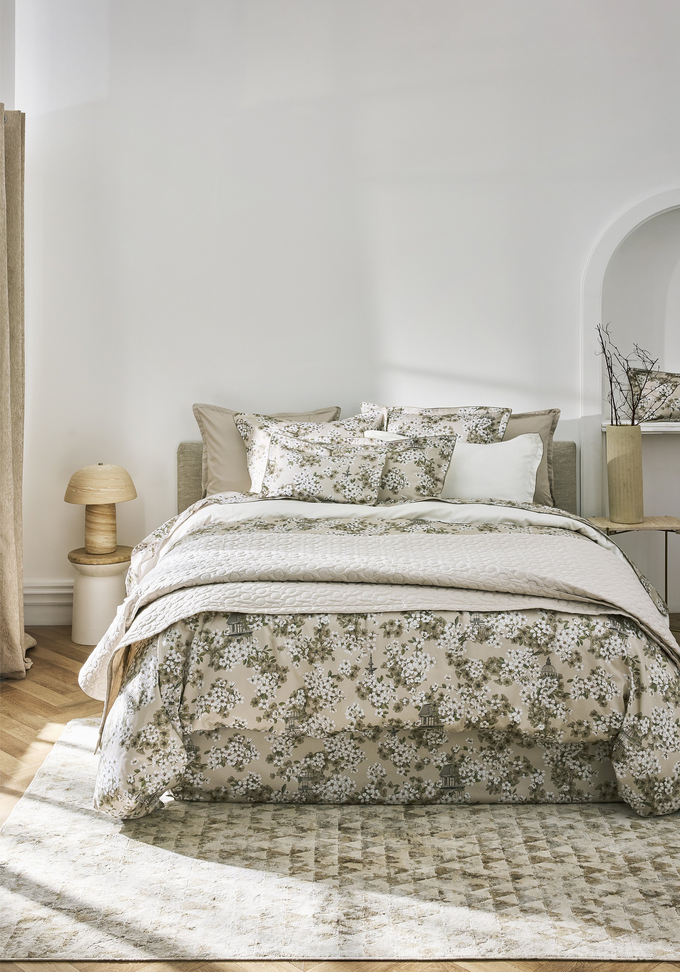 Drap plat imprimé en satin de coton bio, fine fleur ALEXANDRE TURPAULT Beige