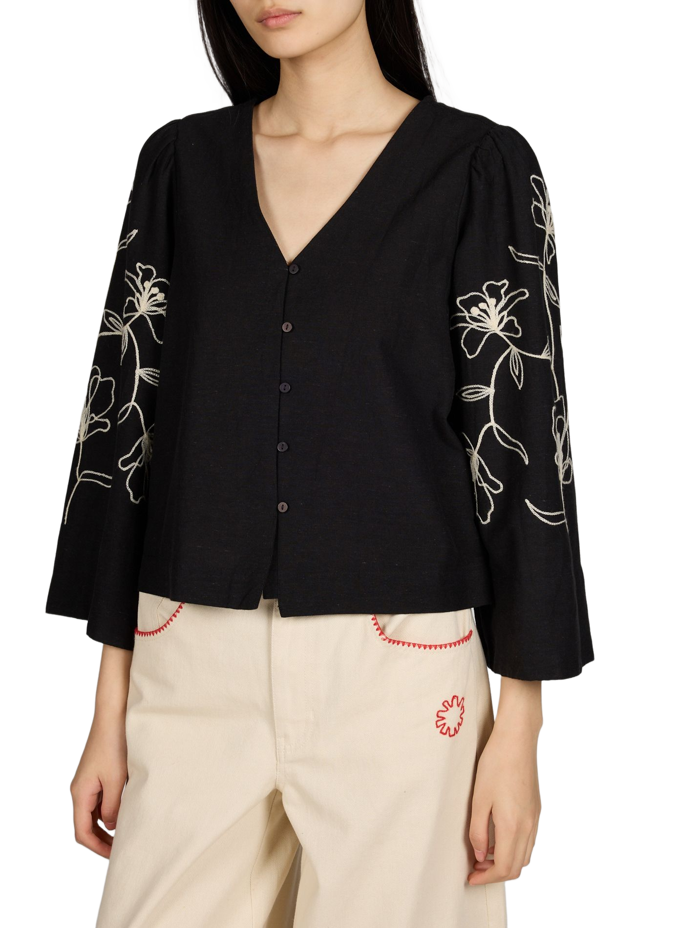 Chemise fleurs brodées sur manches en coton et lin mélangés VILA Noir