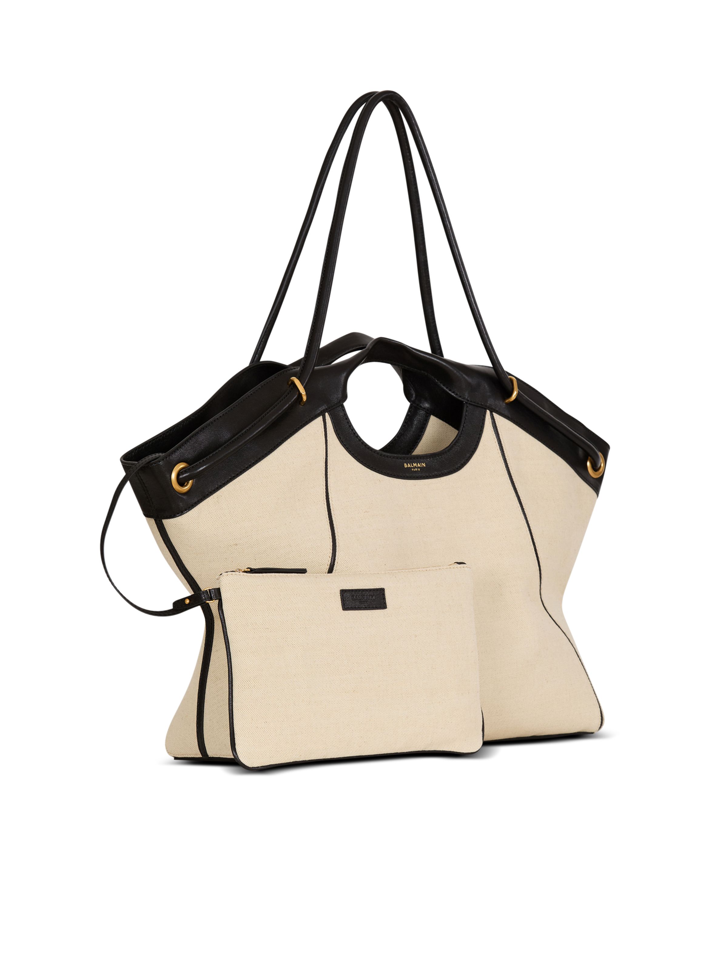 Sac cabas tote large en toile et cuir lisse BALMAIN Beige