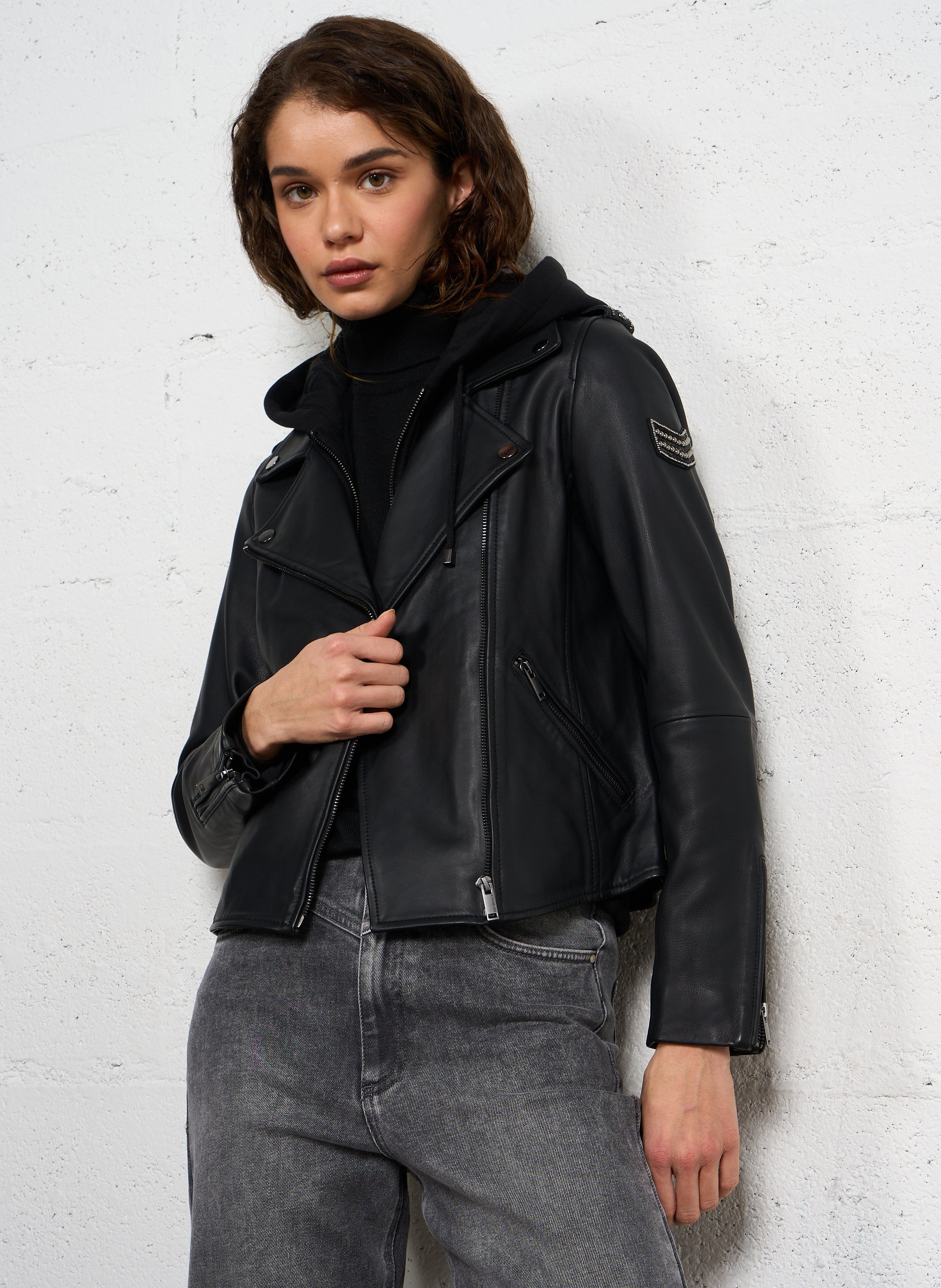 Blouson à capuche en cuir IKKS Noir