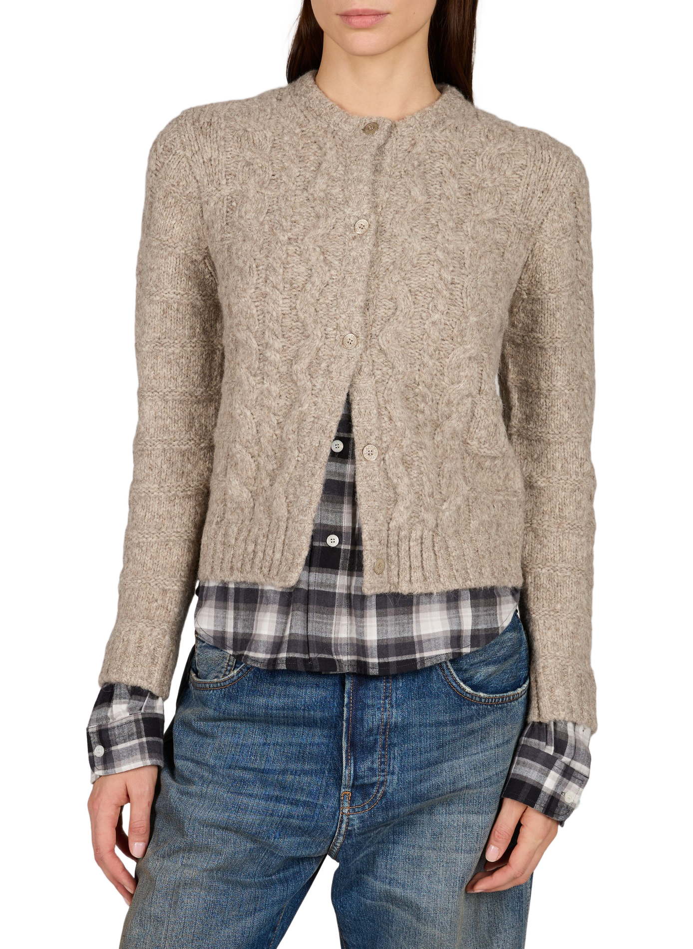 Straight round neck cardigan with overlaid mixed wool ACNE STUDIOS Beige