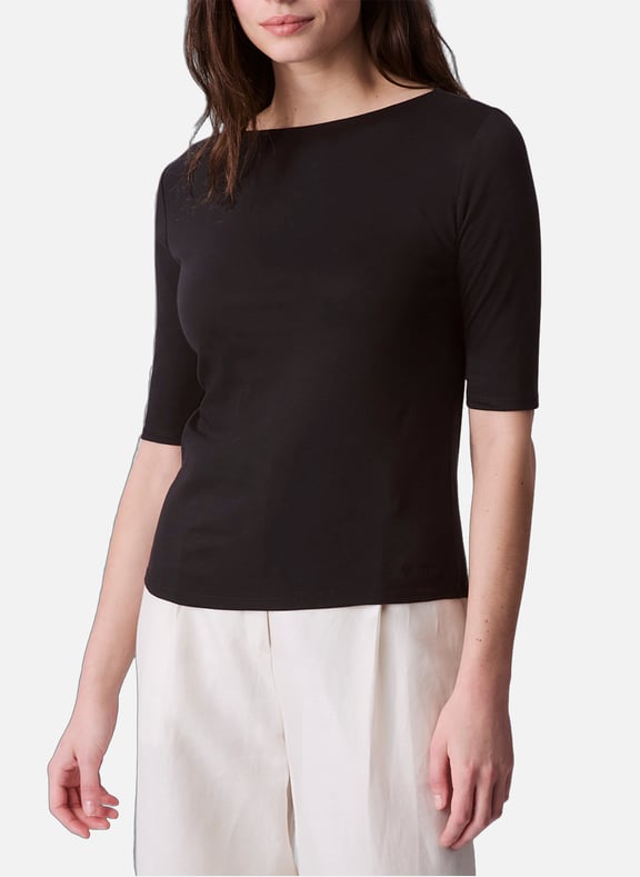 3/4 sleeve boat neck cotton T-shirt Black by CALVIN KLEIN CALVIN KLEIN 3/4 sleeve boat neck cotton T-shirt Black