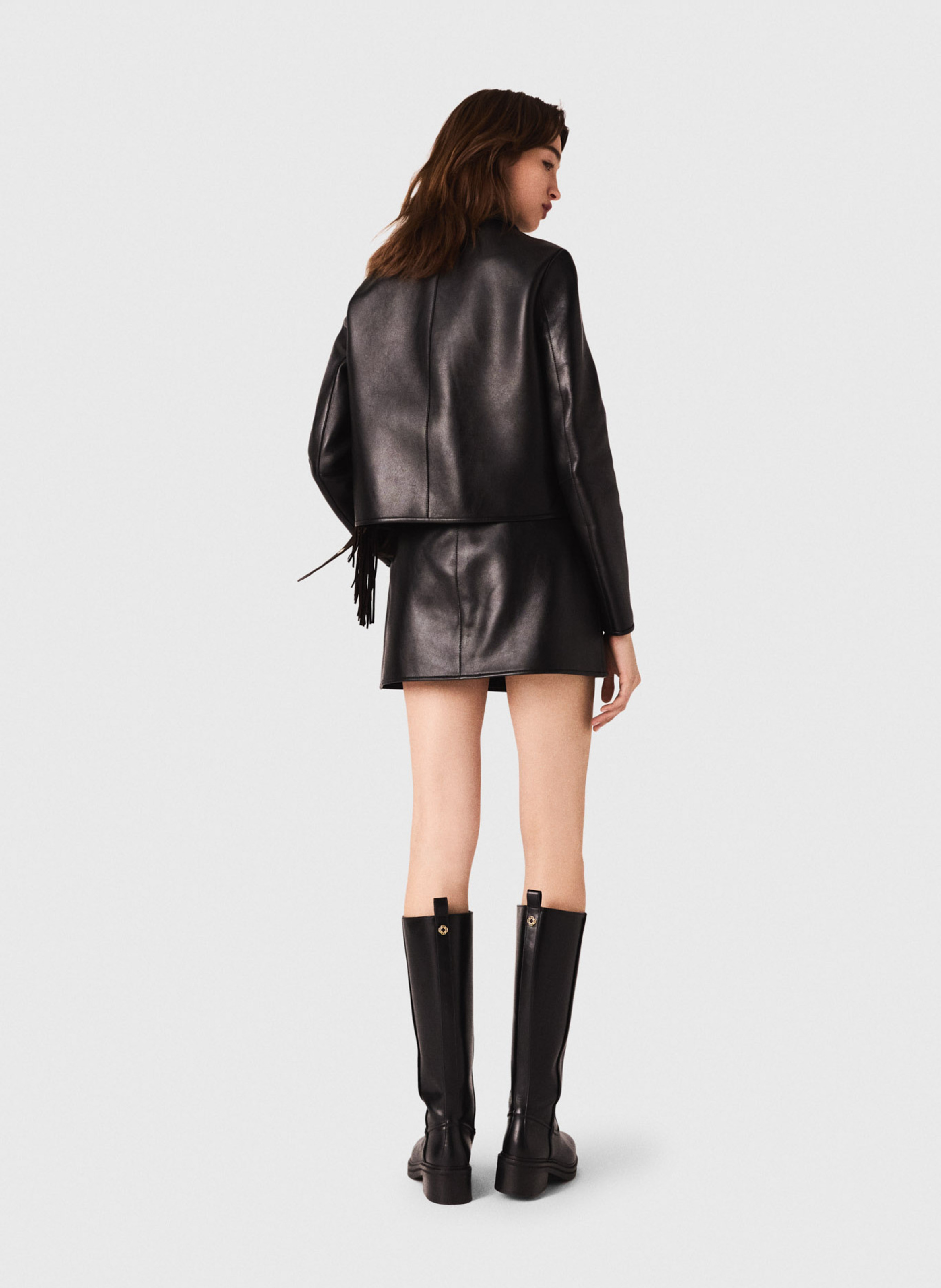 Veste droite en cuir MAJE Noir