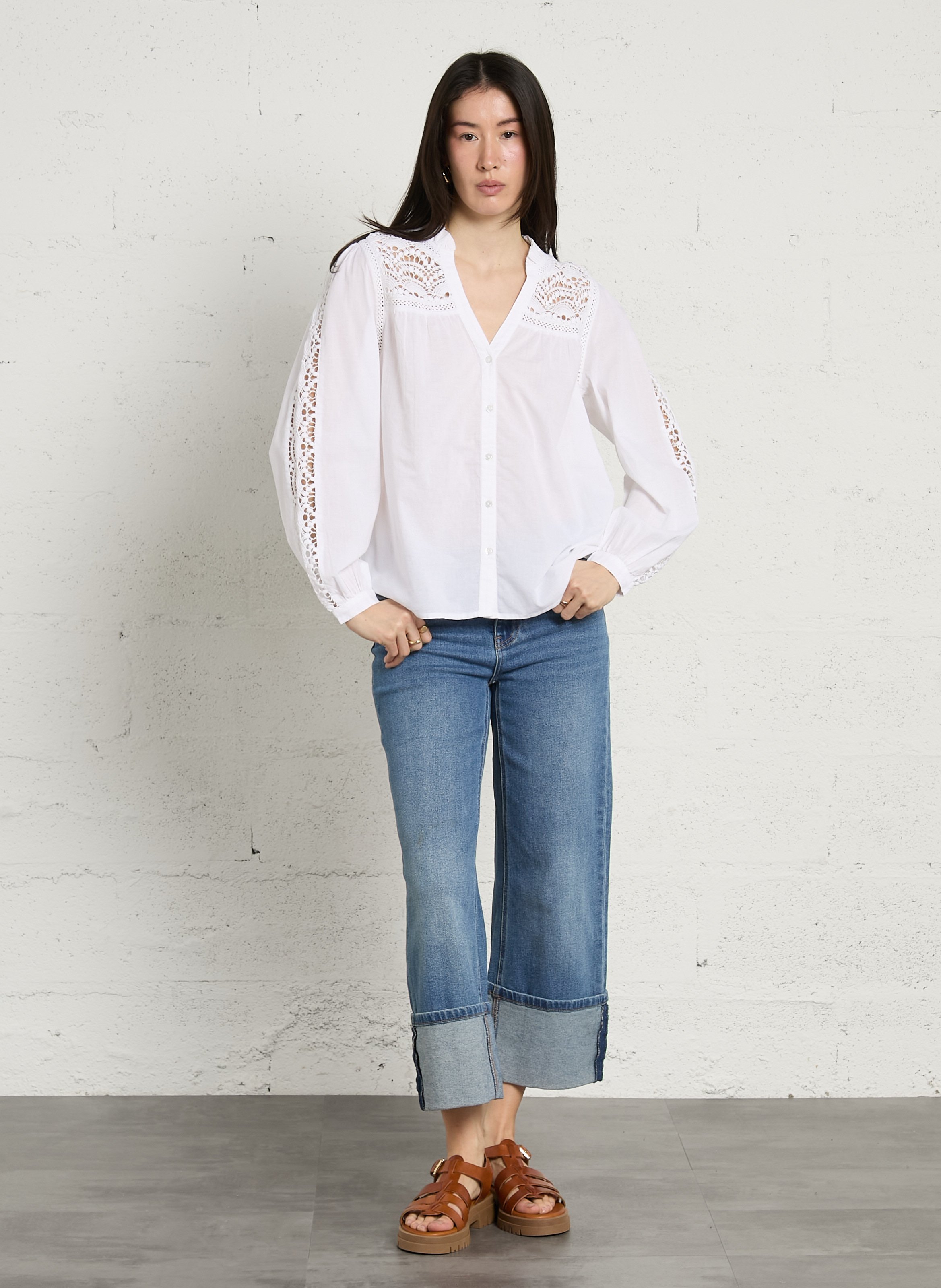 Chemisier col v à broderies ajourées daisy MAISON 123 Blanc