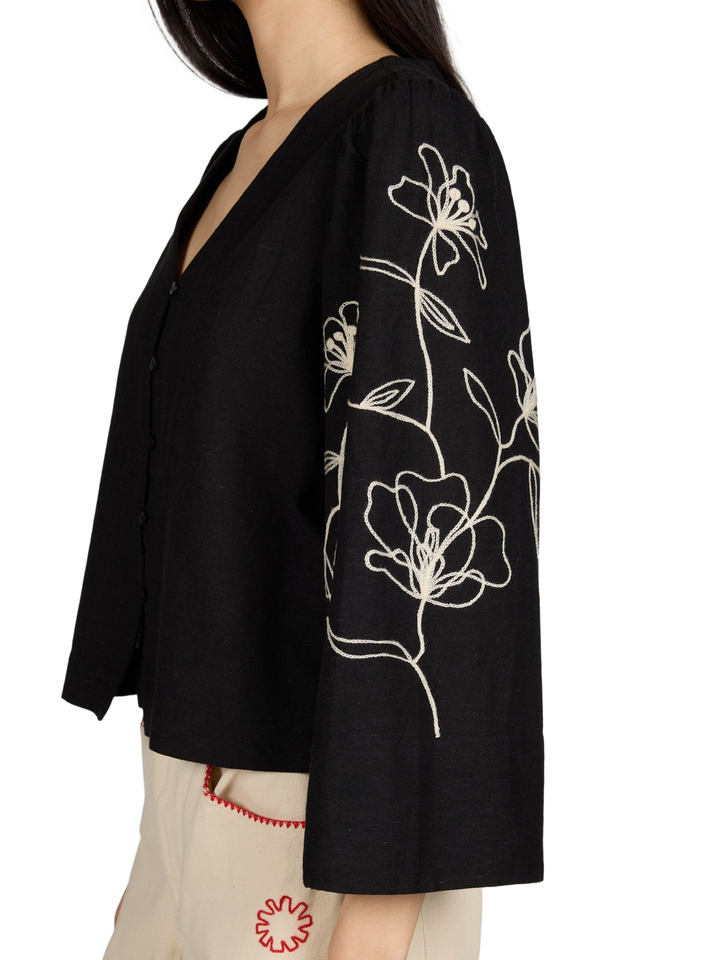 Chemise fleurs brodées sur manches en coton et lin mélangés VILA Noir