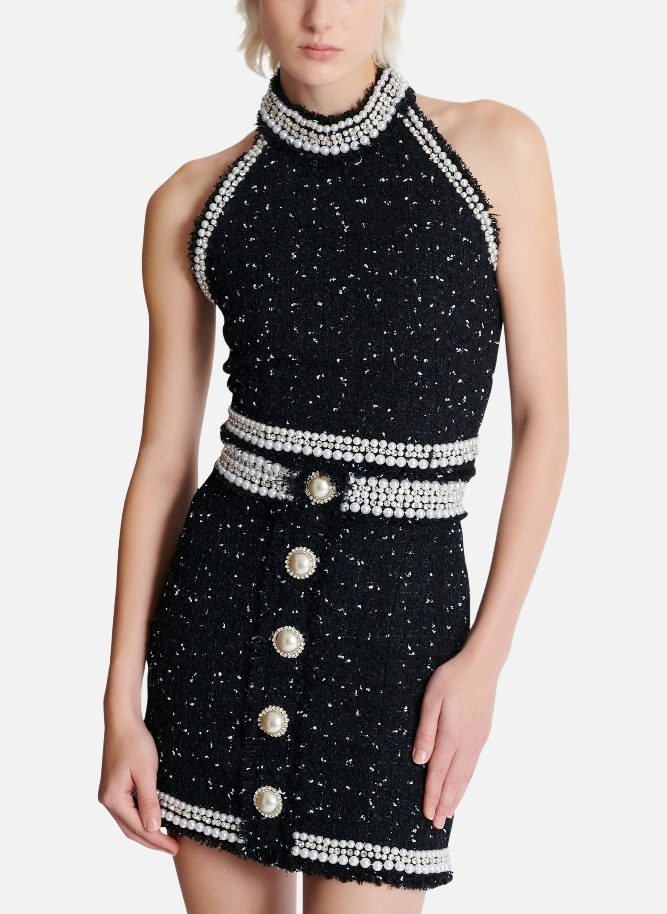 Top dos-nu en tweed polka dots brodé BALMAIN Noir