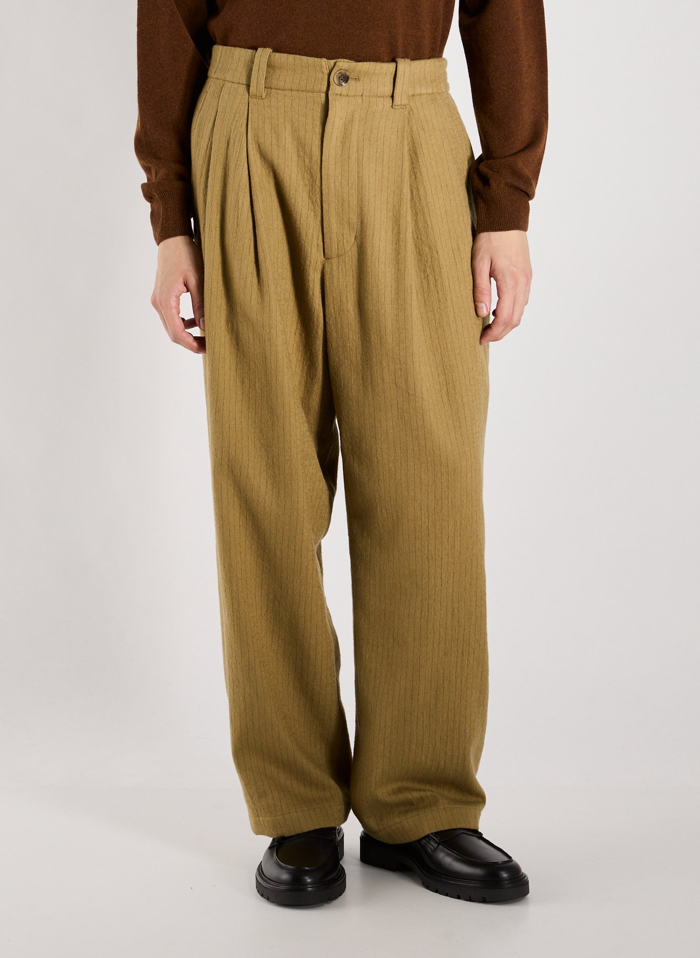 MERELY MADE Pantalon large à rayures en coton et laine Marron