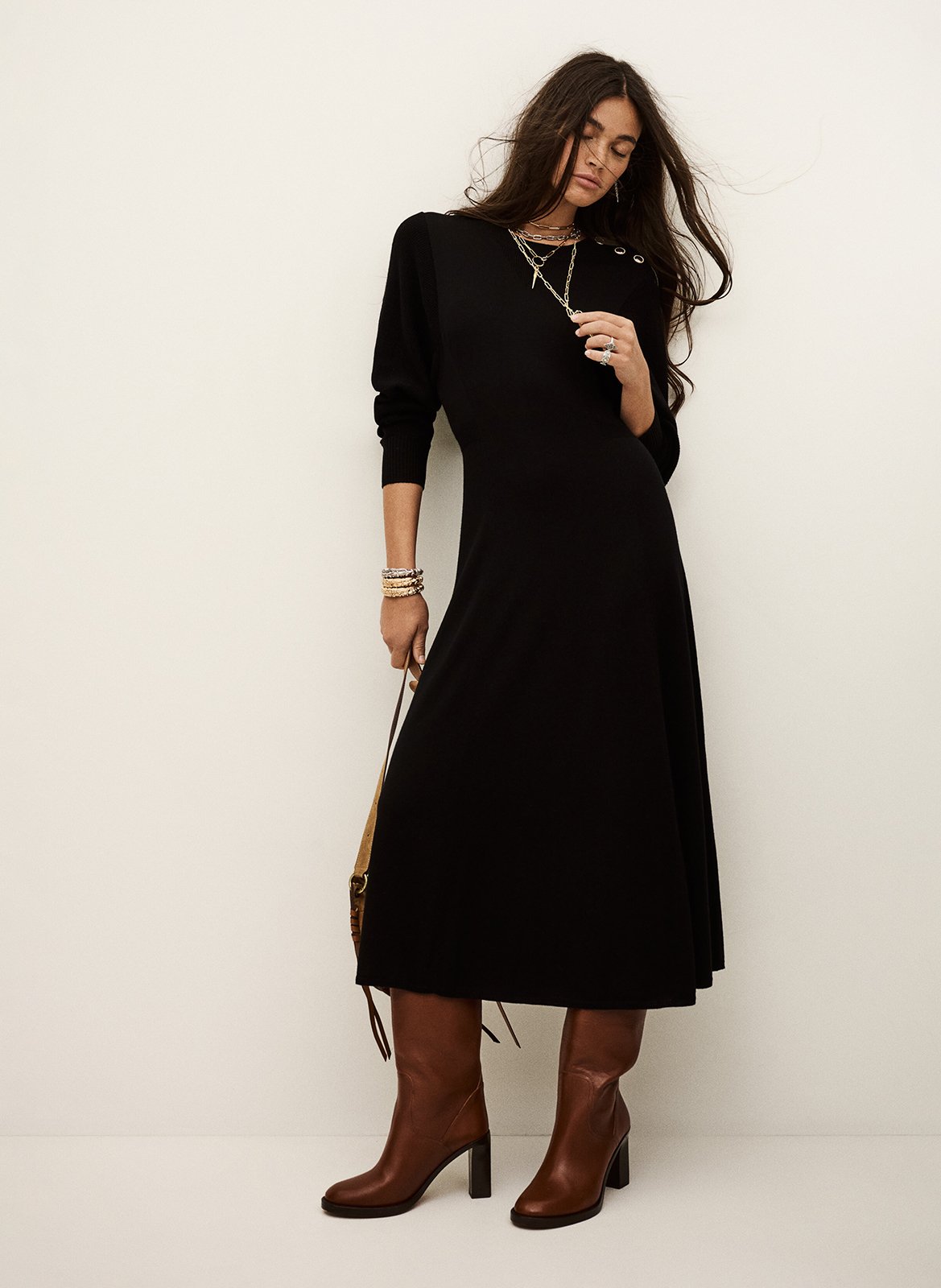 Robe midi col rond en laine mélangée jinna BA&SH Noir