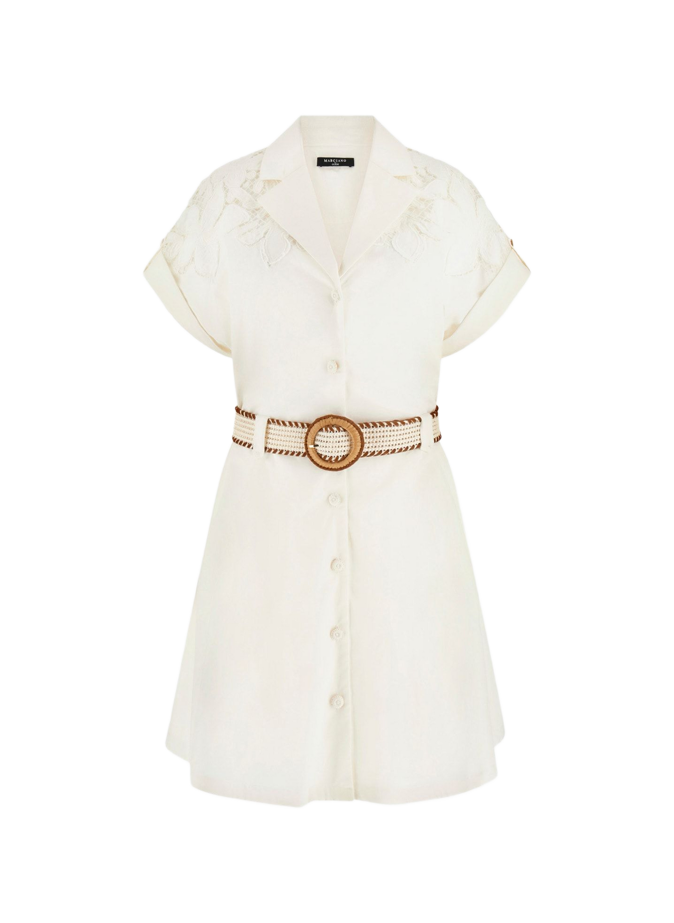 Shirt dress with floral lace and cotton belt GUESS Beige