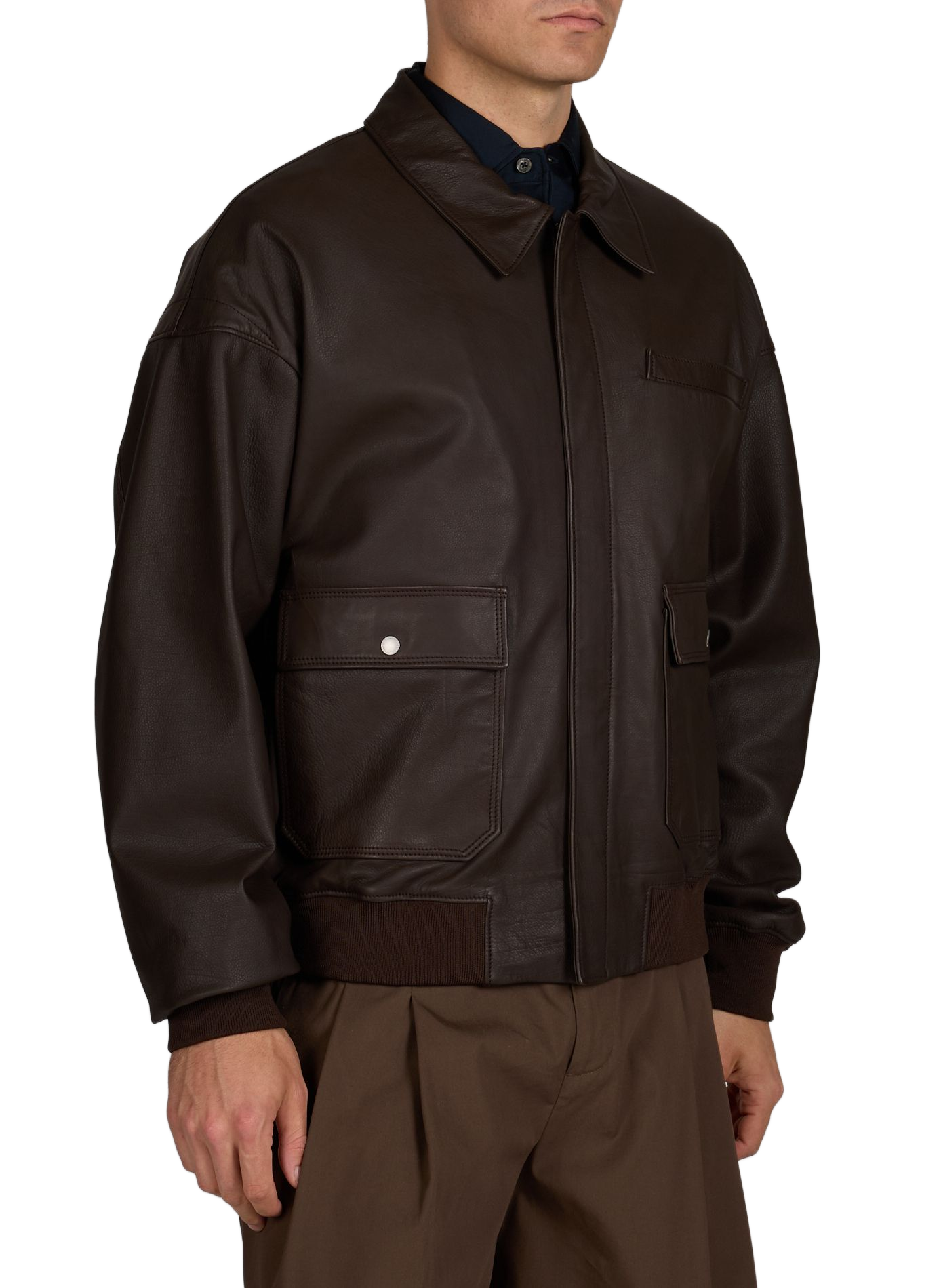 Bomber with chest pocket in leather CARRER Brown