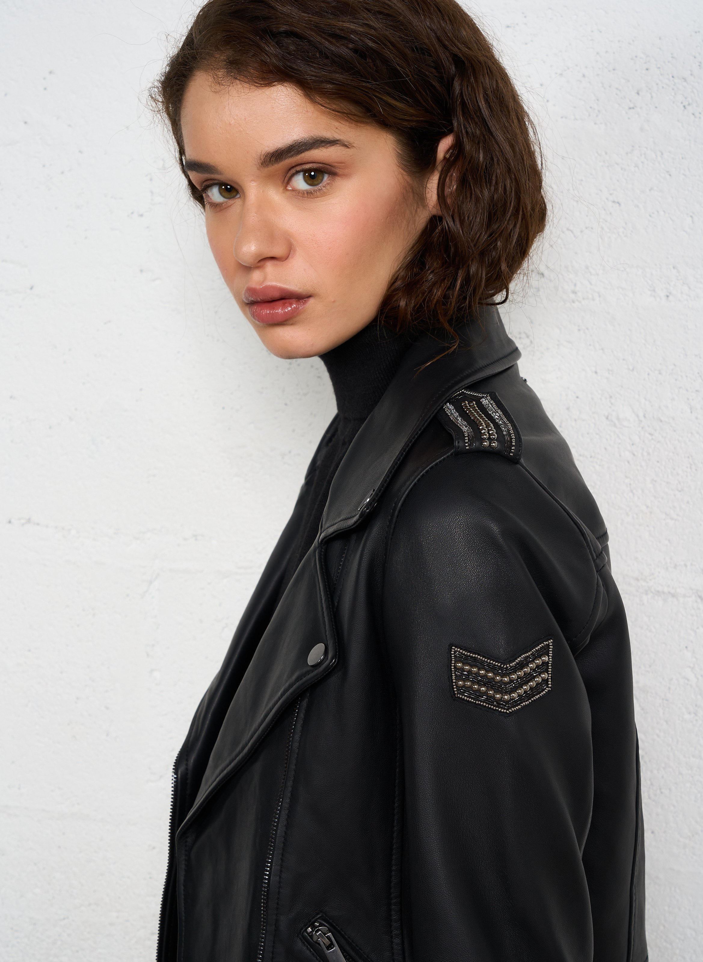 Blouson à capuche en cuir IKKS Noir