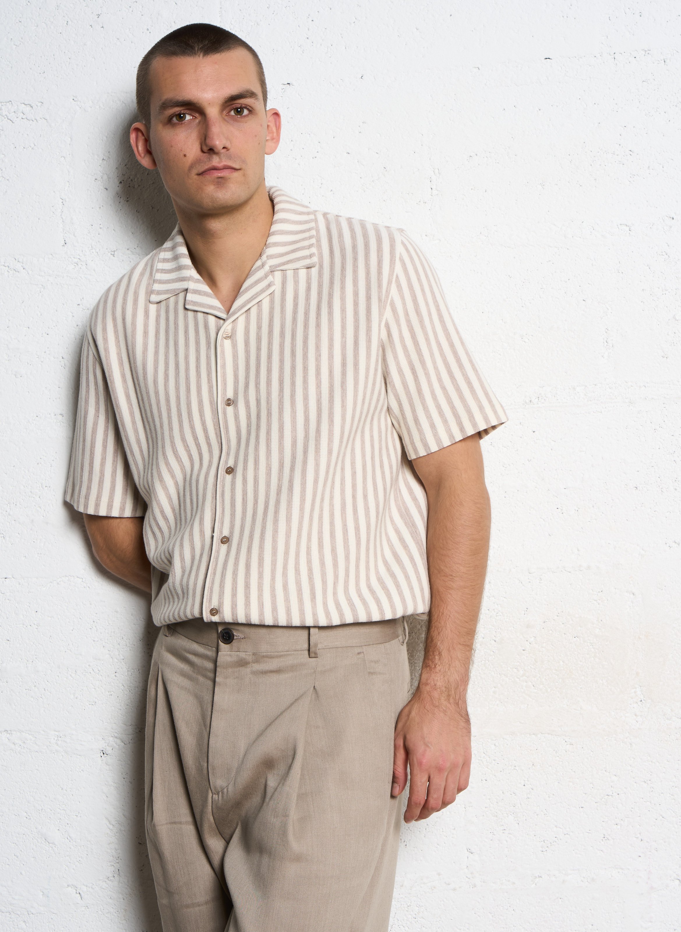 Chemise droite col classique en coton mélangé rayé IKKS Marron