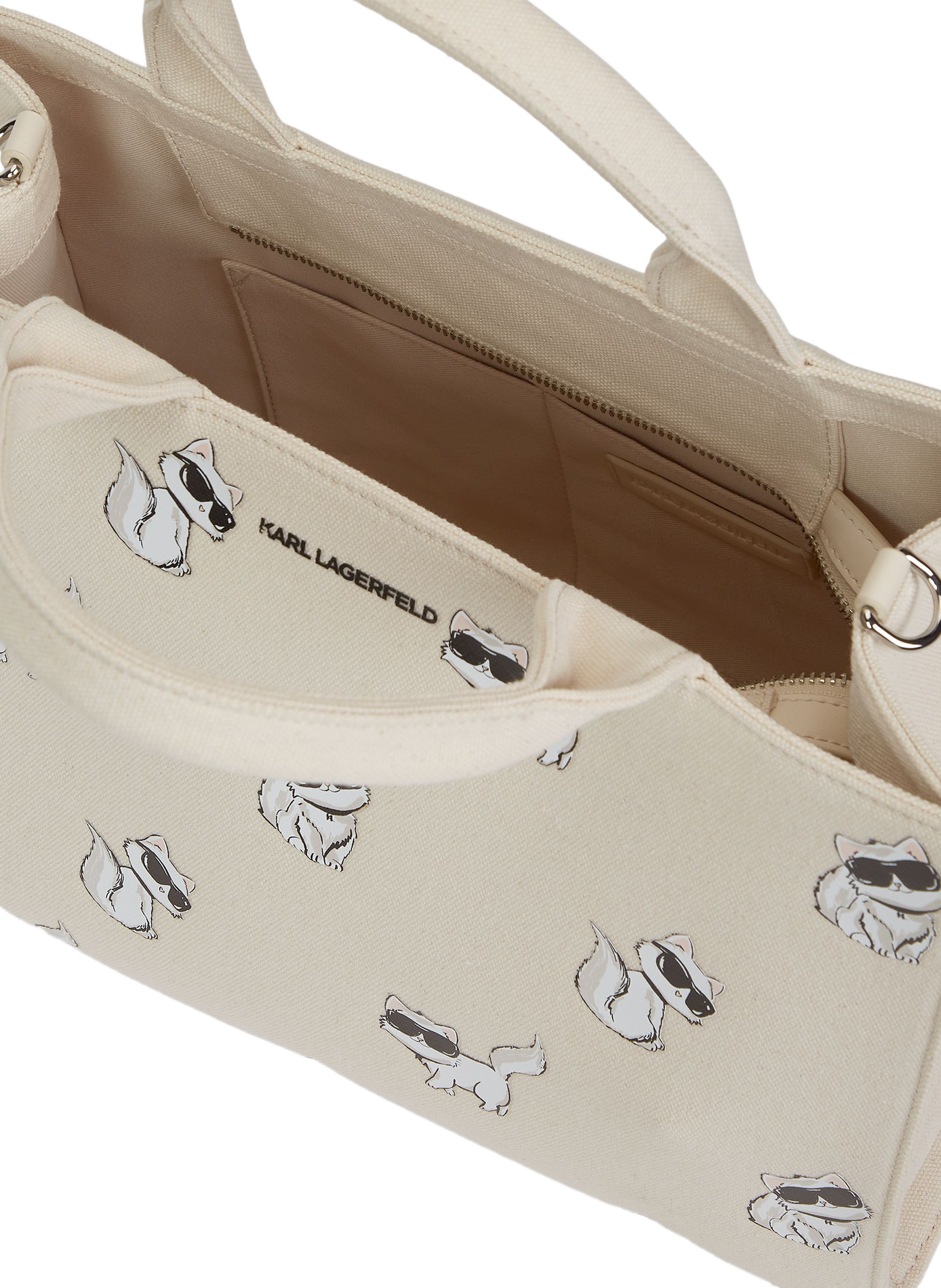Einkaufstasche aus bedruckter Baumwolle IKON CHOUPETTE MD SQUARE TOTE. KARL LAGERFELD Beige