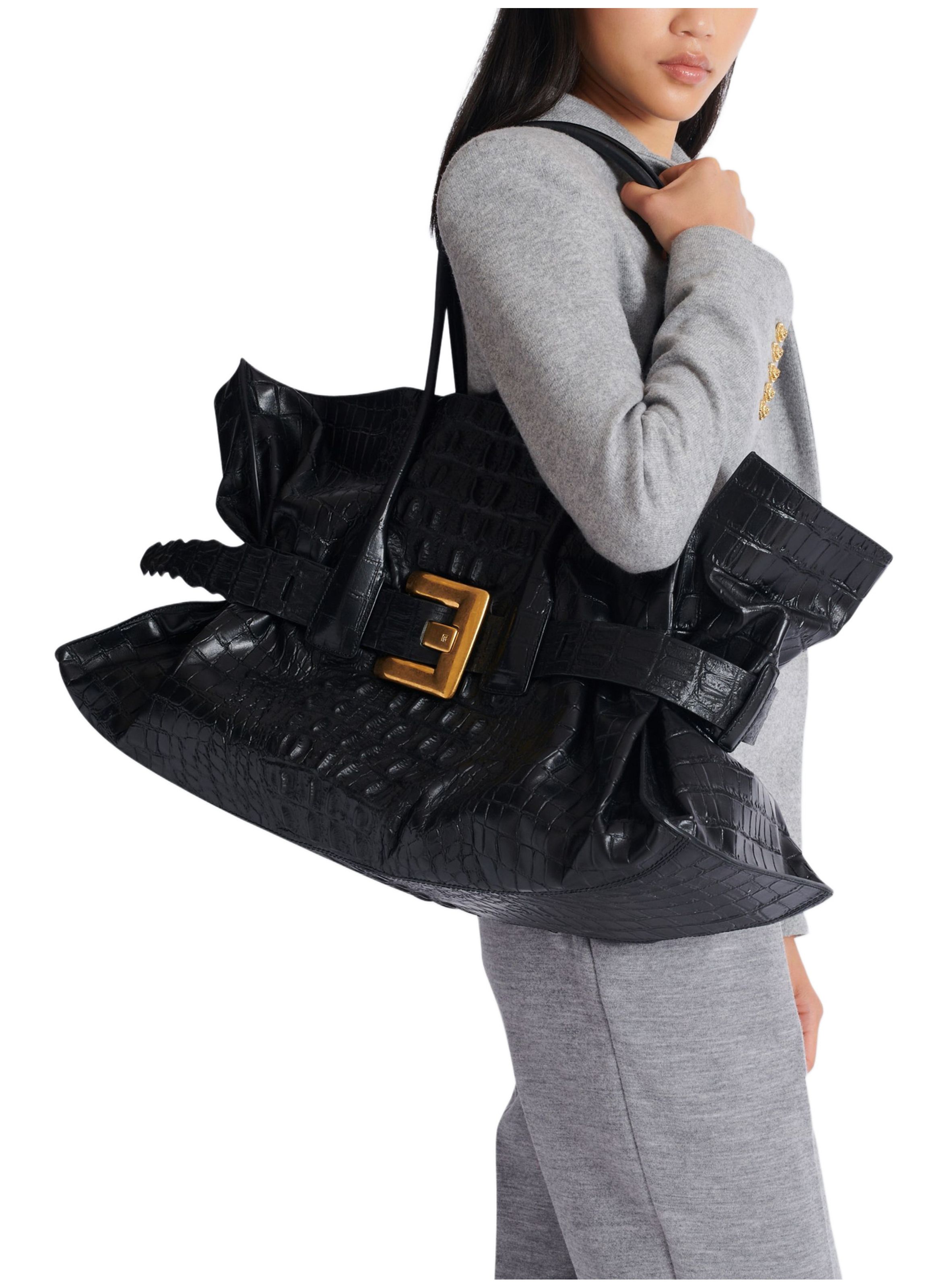 Sac anthem xl en cuir de veau embossé effet croco BALMAIN Noir