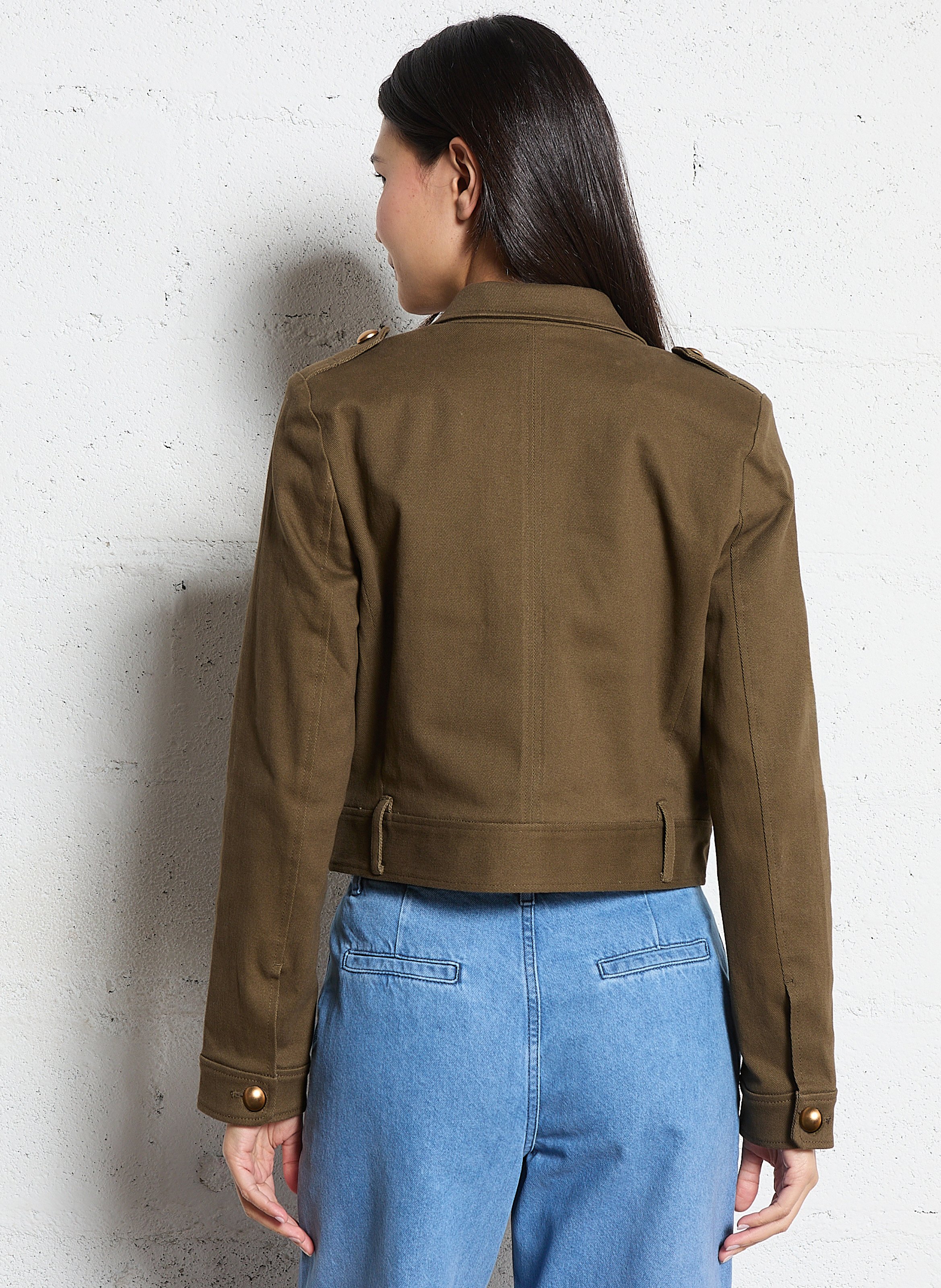 Veste droite col tailleur en coton méangé IKKS Kaki