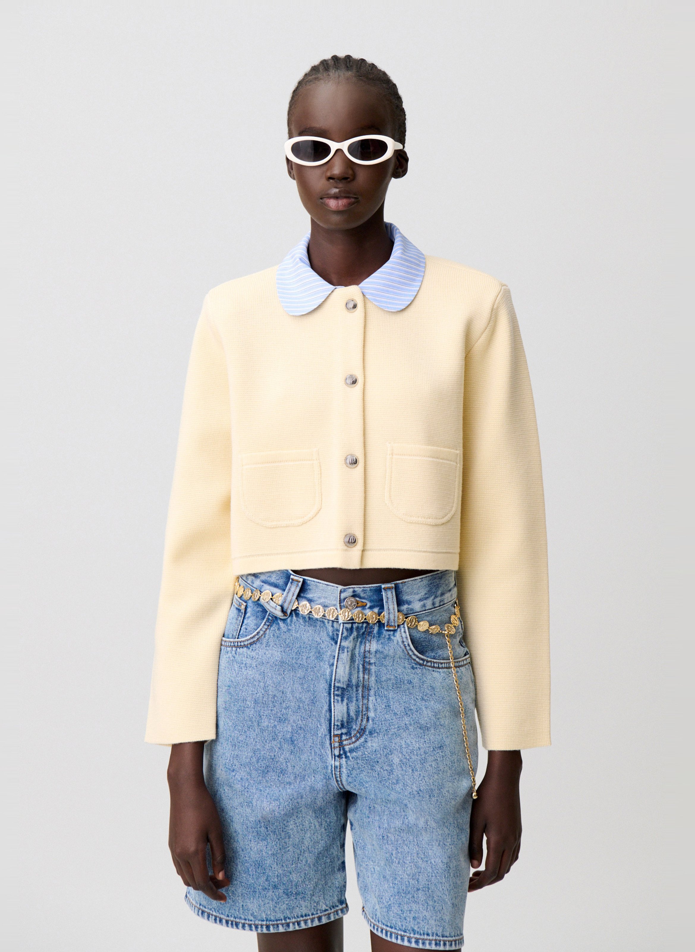 Cardigan court uni à col rayé CLAUDIE PIERLOT Beige