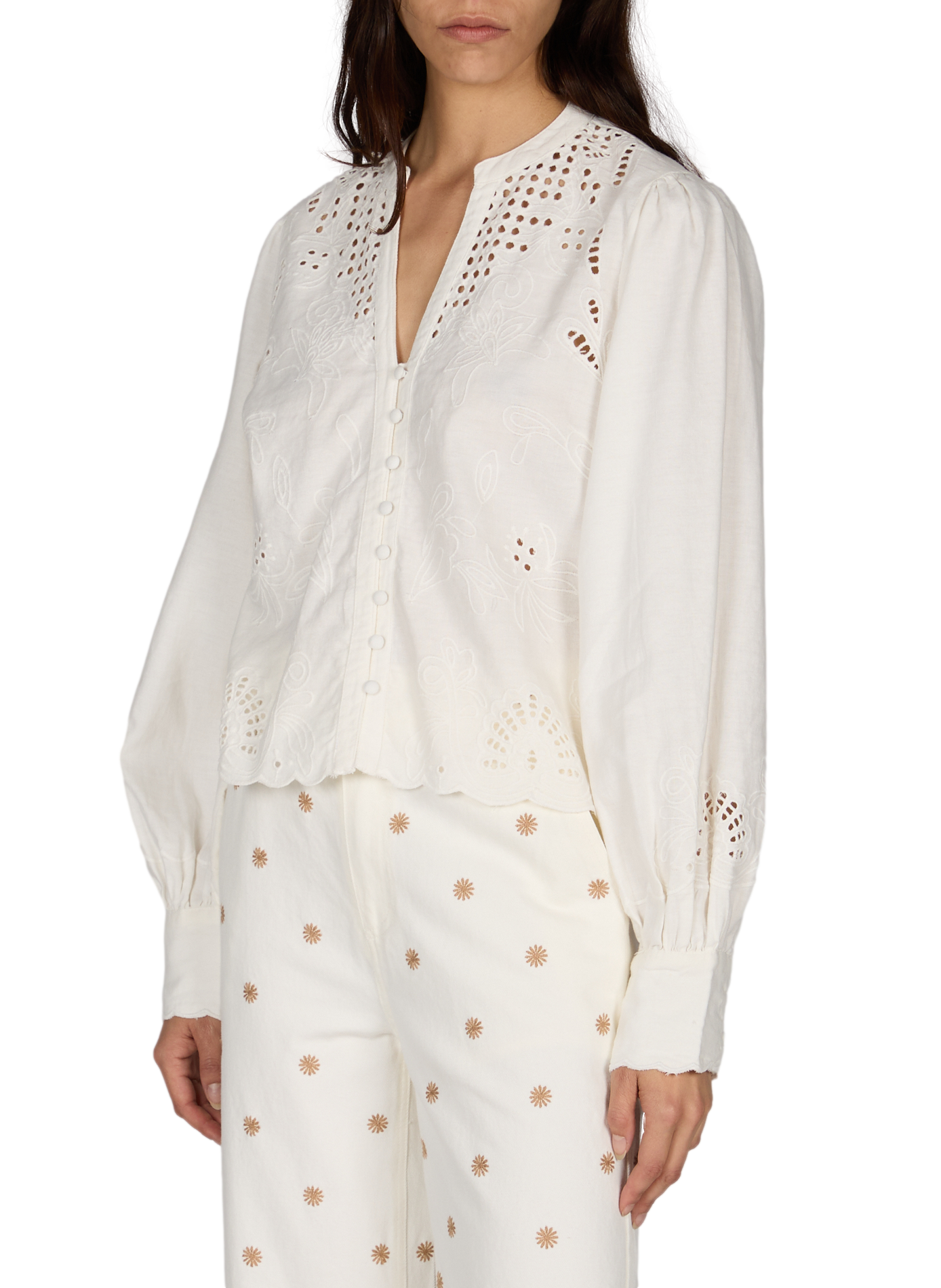 Embroidered linen and cotton shirt ROUGE EDIT Beige