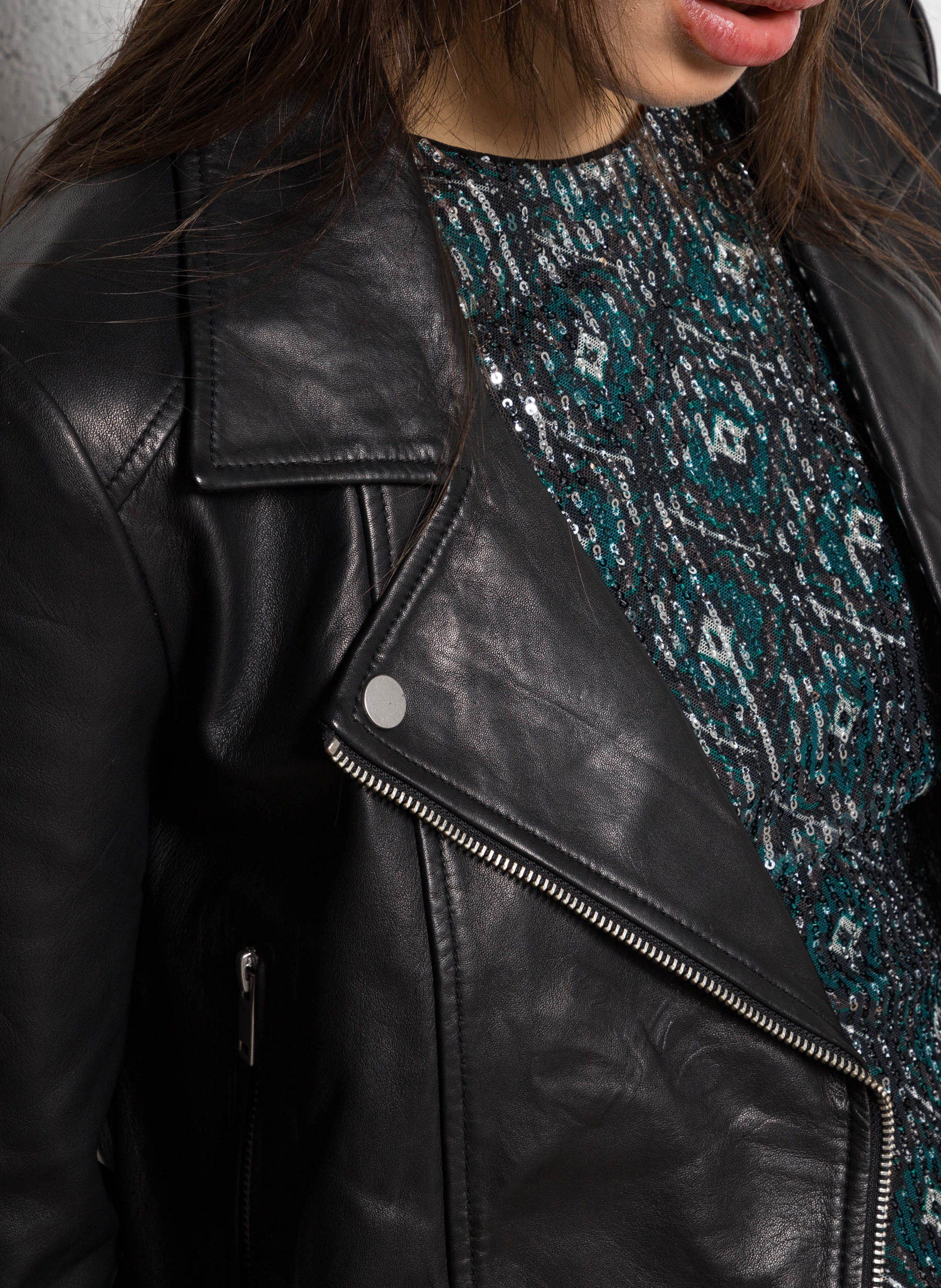 Blouson court zippé en cuir d'agneau IKKS Noir