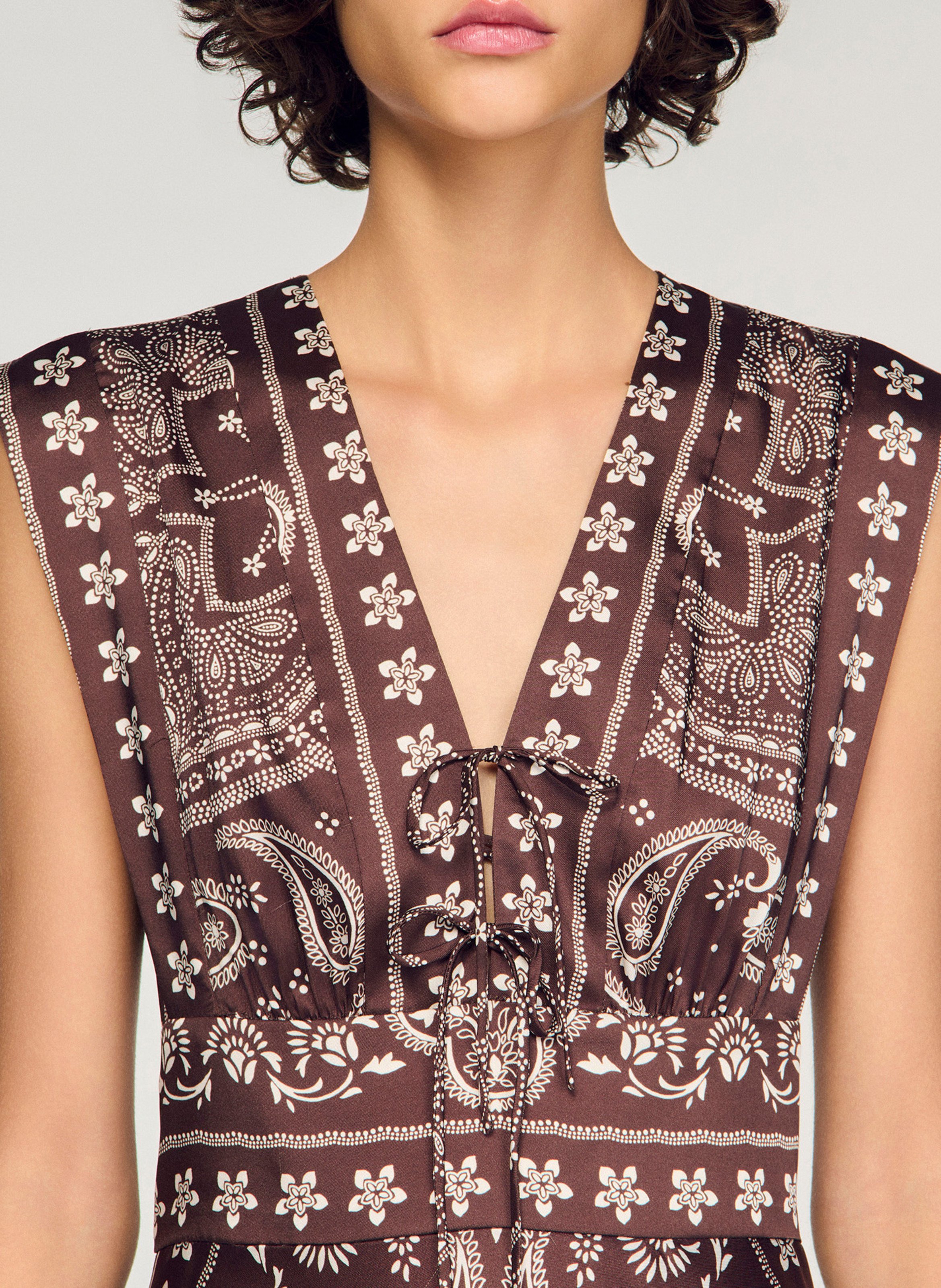 Robe longue col v imprimée SANDRO Marron
