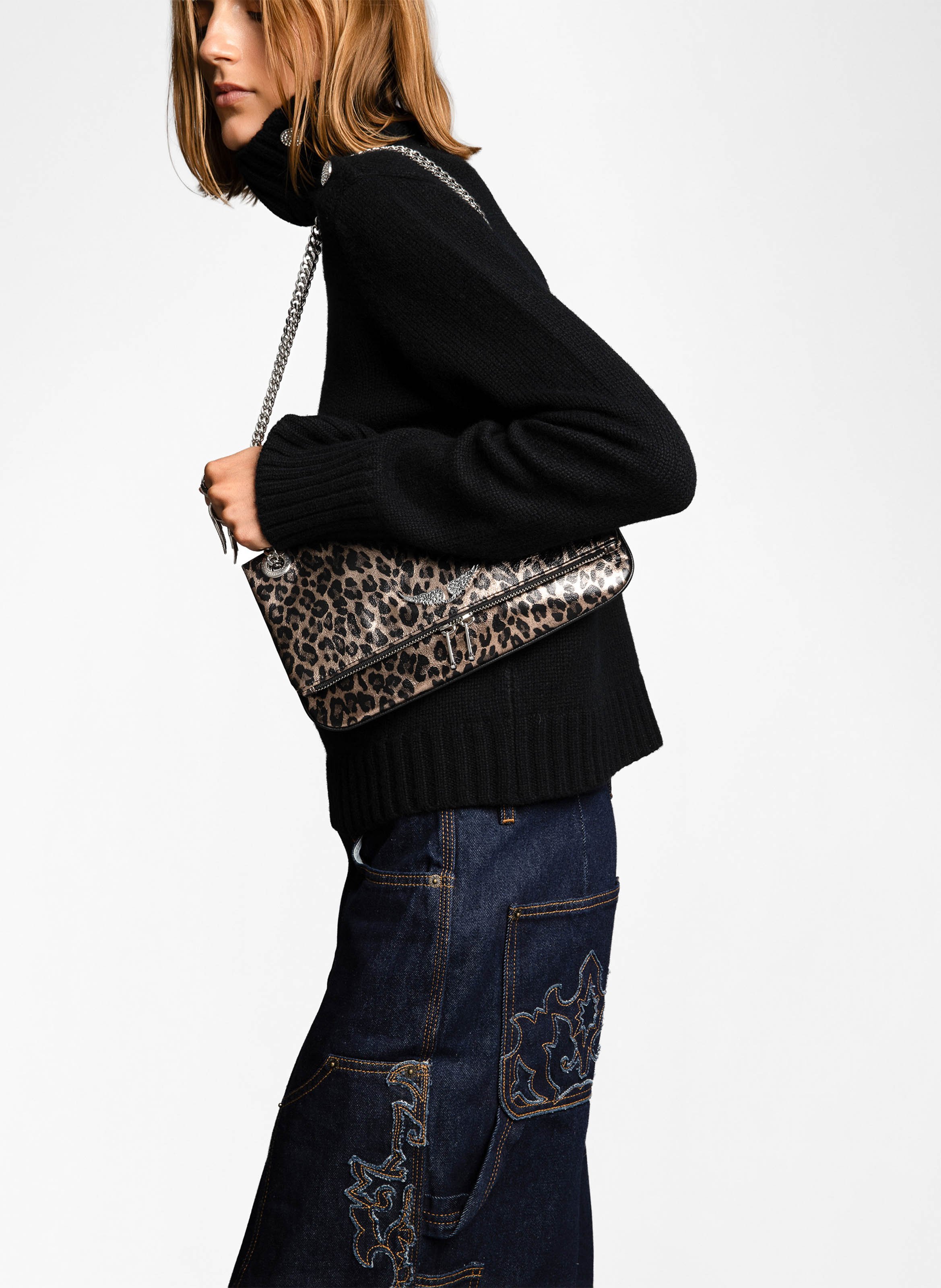 Sac bandoulière léopard métallisé en cuir rock ii ZADIG&VOLTAIRE Argent