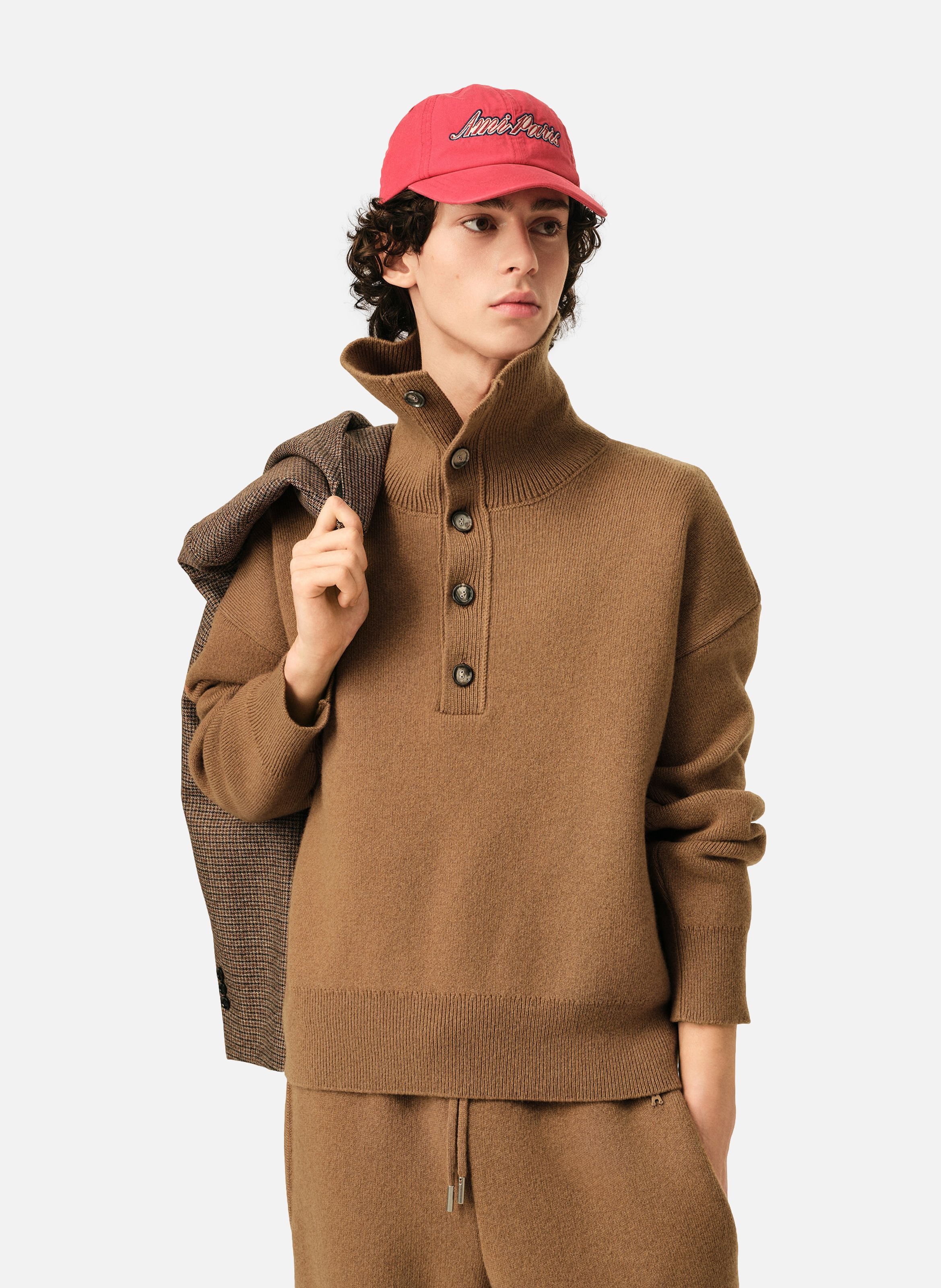 Pull col montant boutonné unisexe en laine AMI PARIS Marron