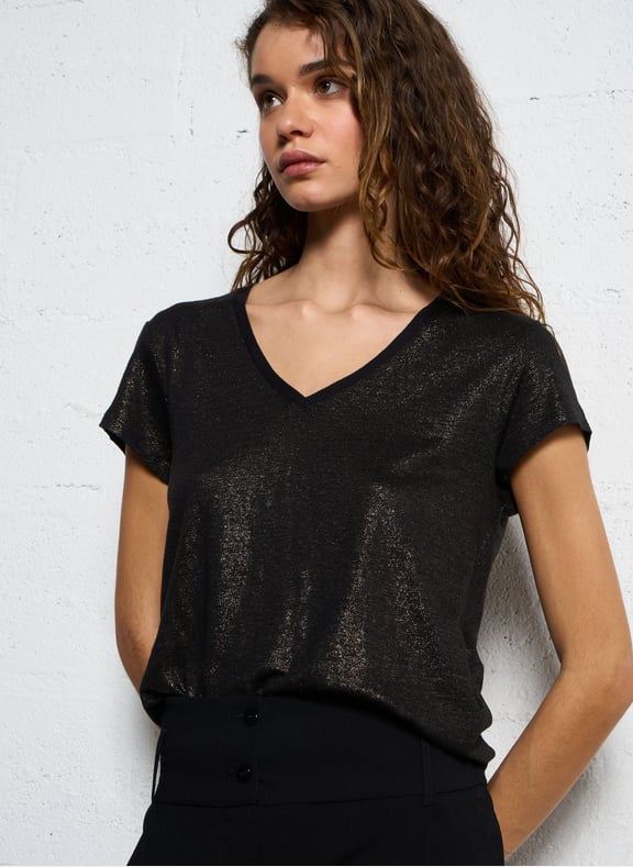 Tee-shirt col v en lin Noir by IKKS IKKS Tee-shirt col v en lin Noir