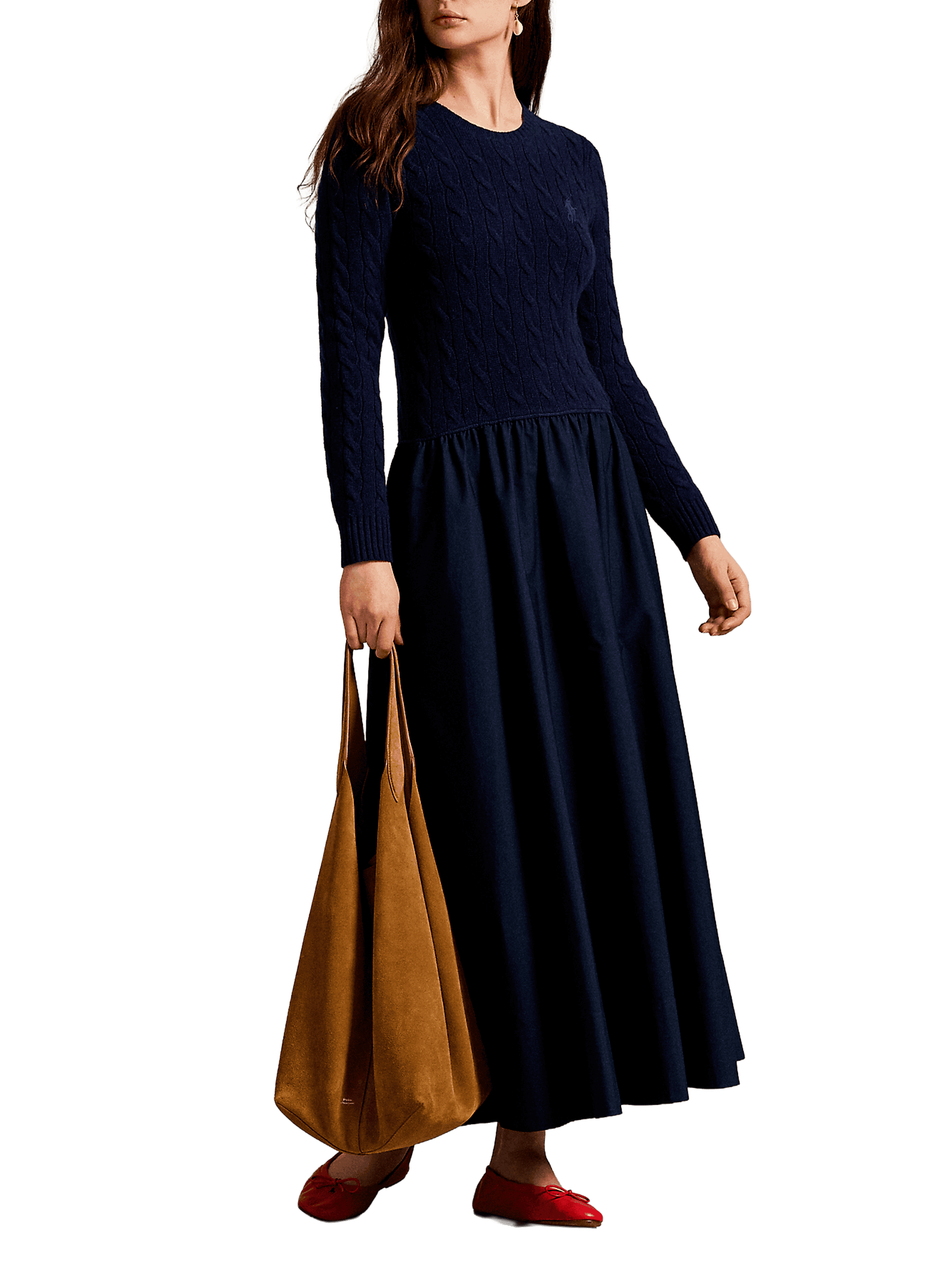 POLO RALPH LAUREN Robe midi bi-matière en laine et cachemire Bleu