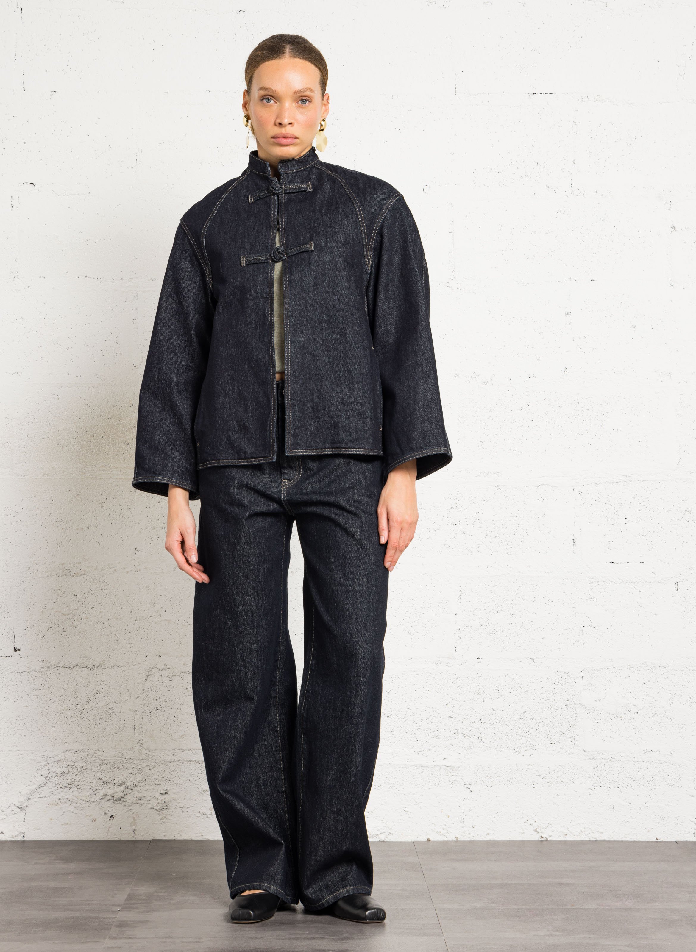 Veste oversize col rond en denim brut Iliana SOEUR Bleu