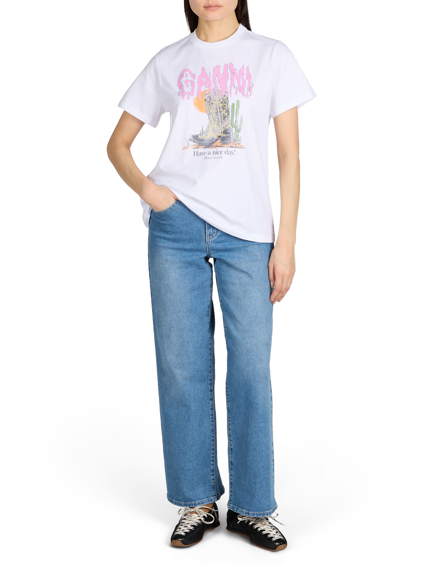 T-shirt printed short sleeves in cotton GANNI White