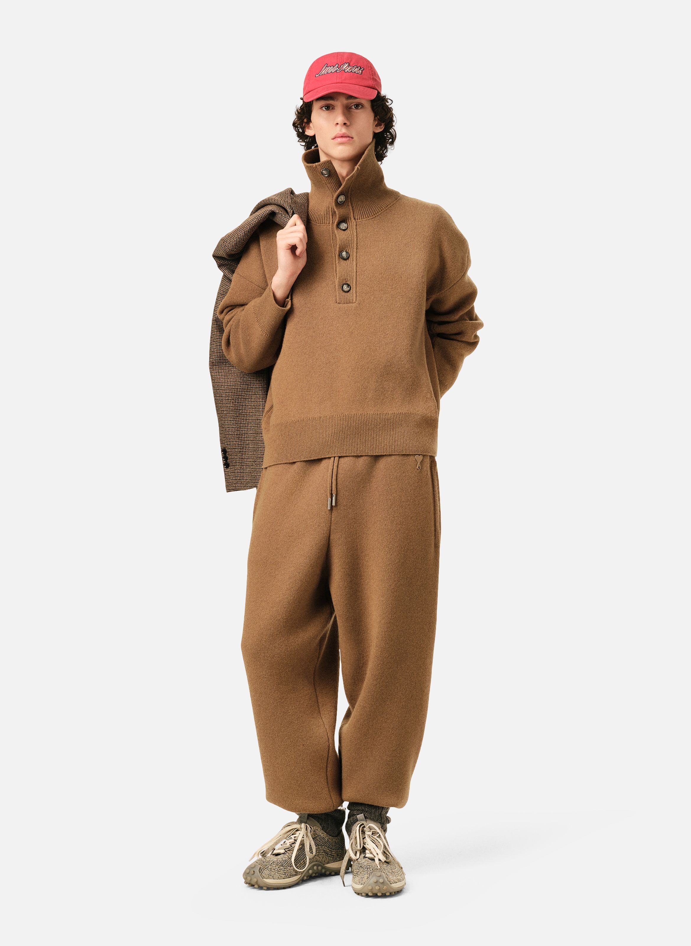Pull col montant boutonné unisexe en laine AMI PARIS Marron