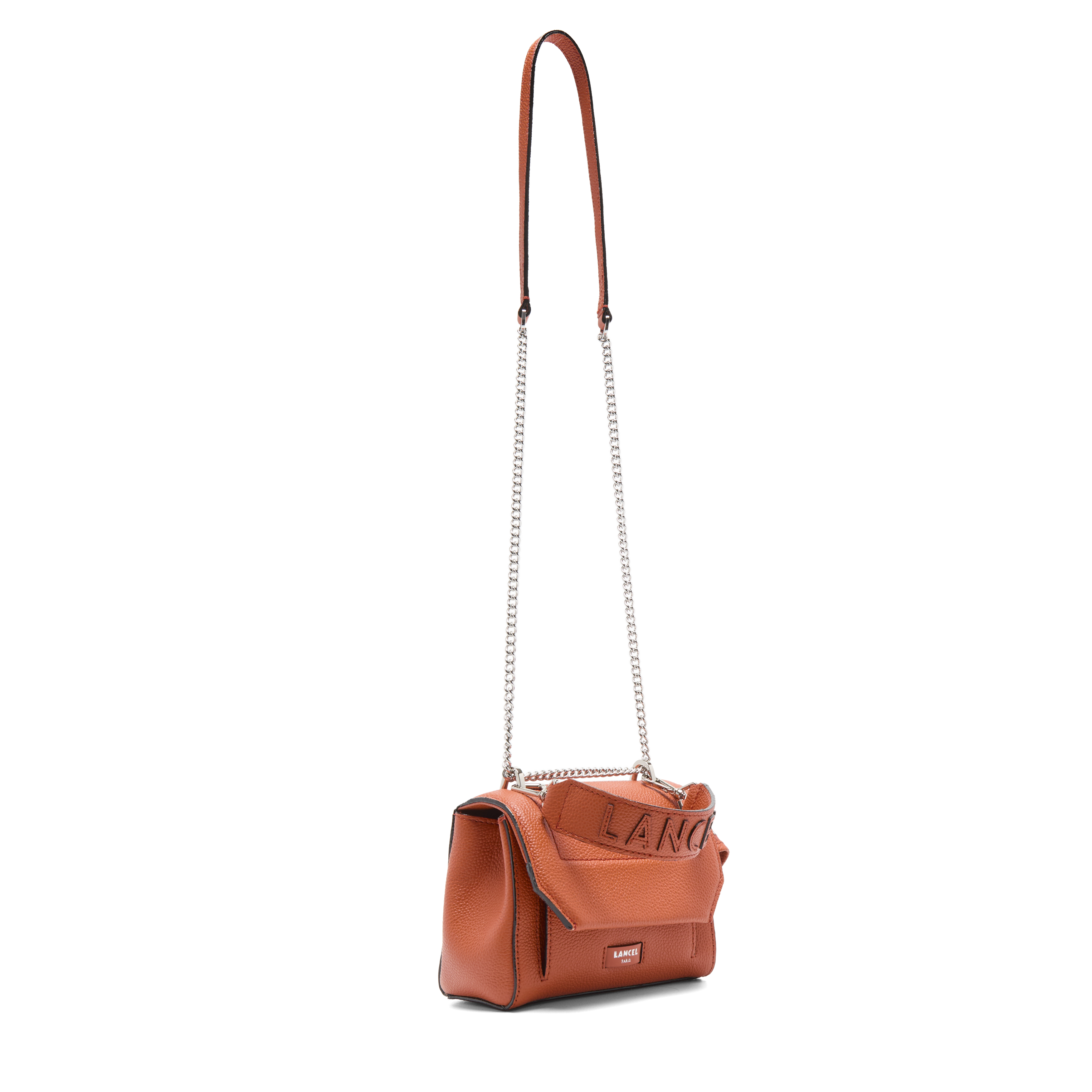 Klep tas s - ninon door Lancel, kalfsleer met korrel en glad, oranje, metalen afwerking, klep met metalen sluiting. LANCEL Oranje