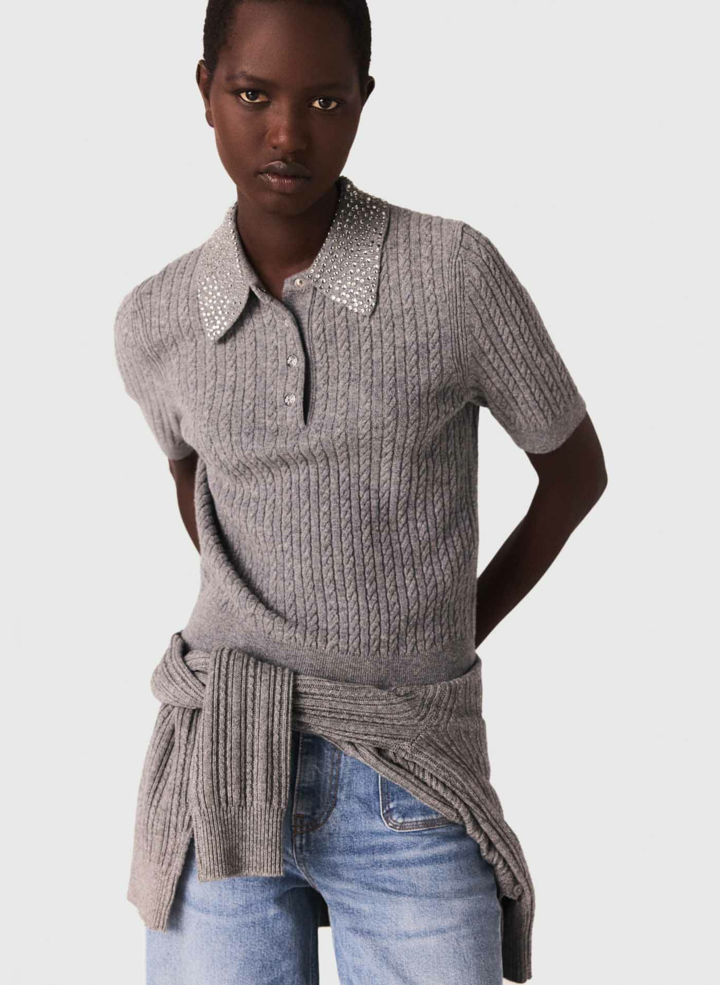 Pull col polo en laine MAJE Gris