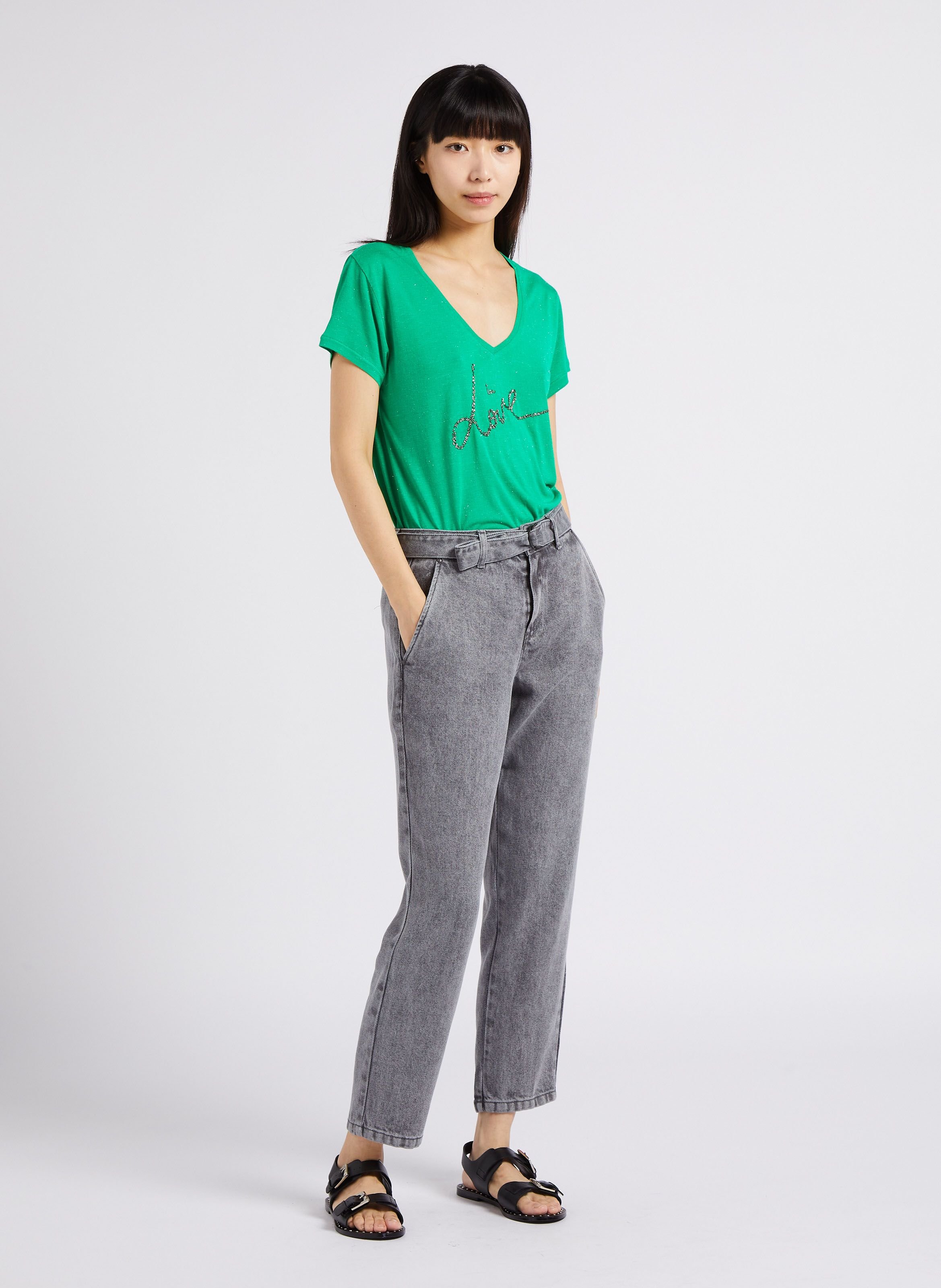 Jean baggy cropped taille haute délavé andrea IKKS Gris