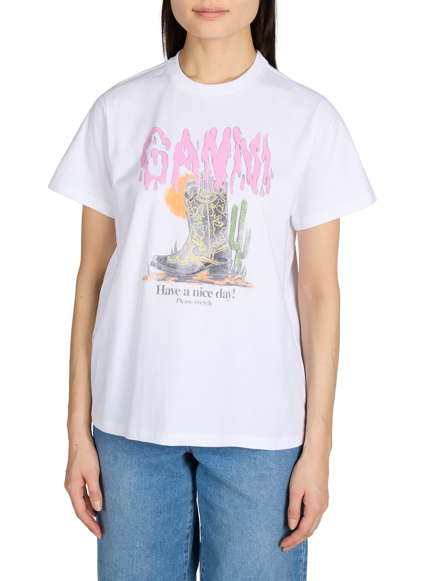 T-shirt printed short sleeves in cotton GANNI White