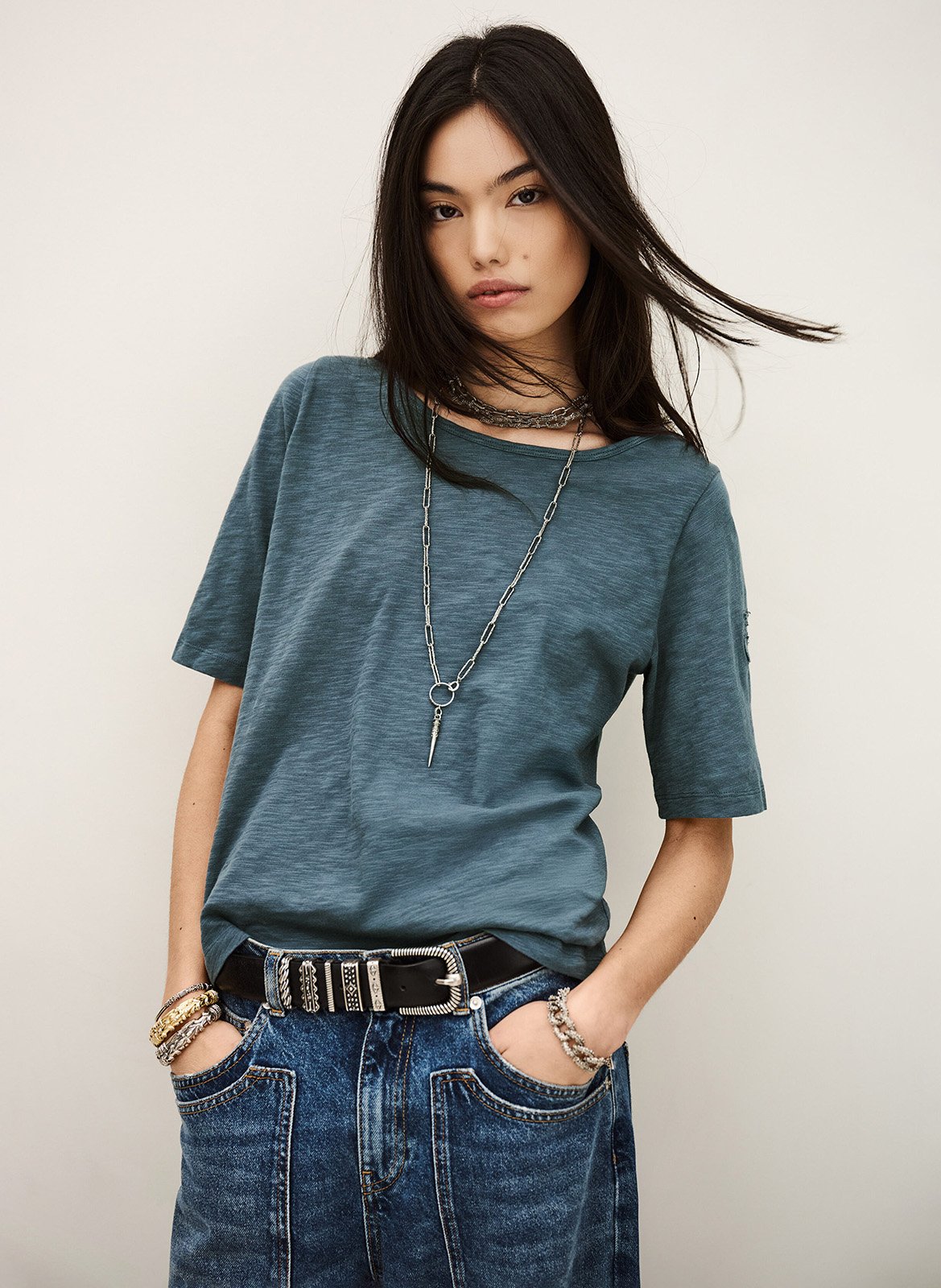 Tee-shirt ample col rond en coton vina BA&SH Bleu