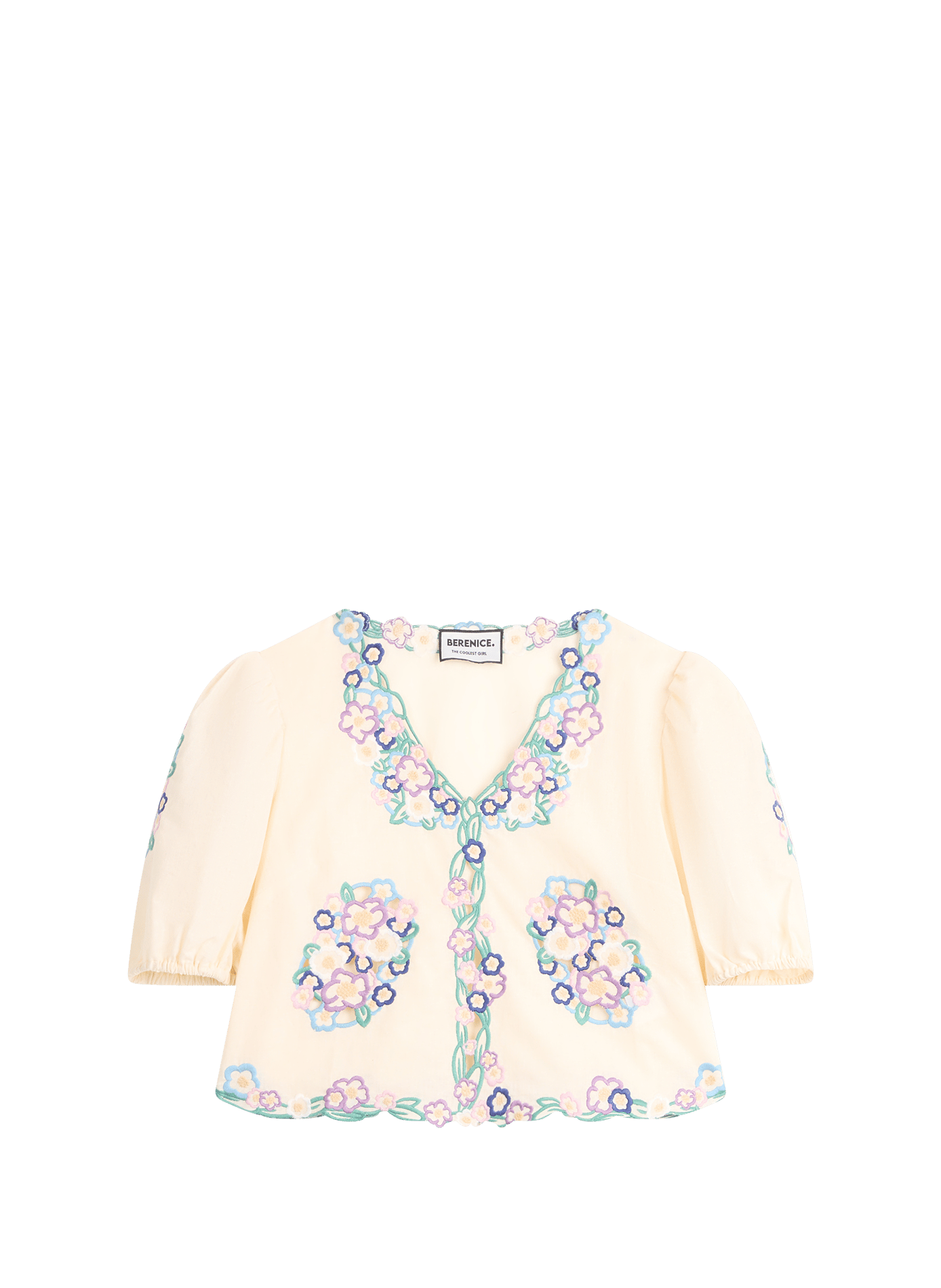 Top col V à broderies en lin mélangé BERENICE Beige