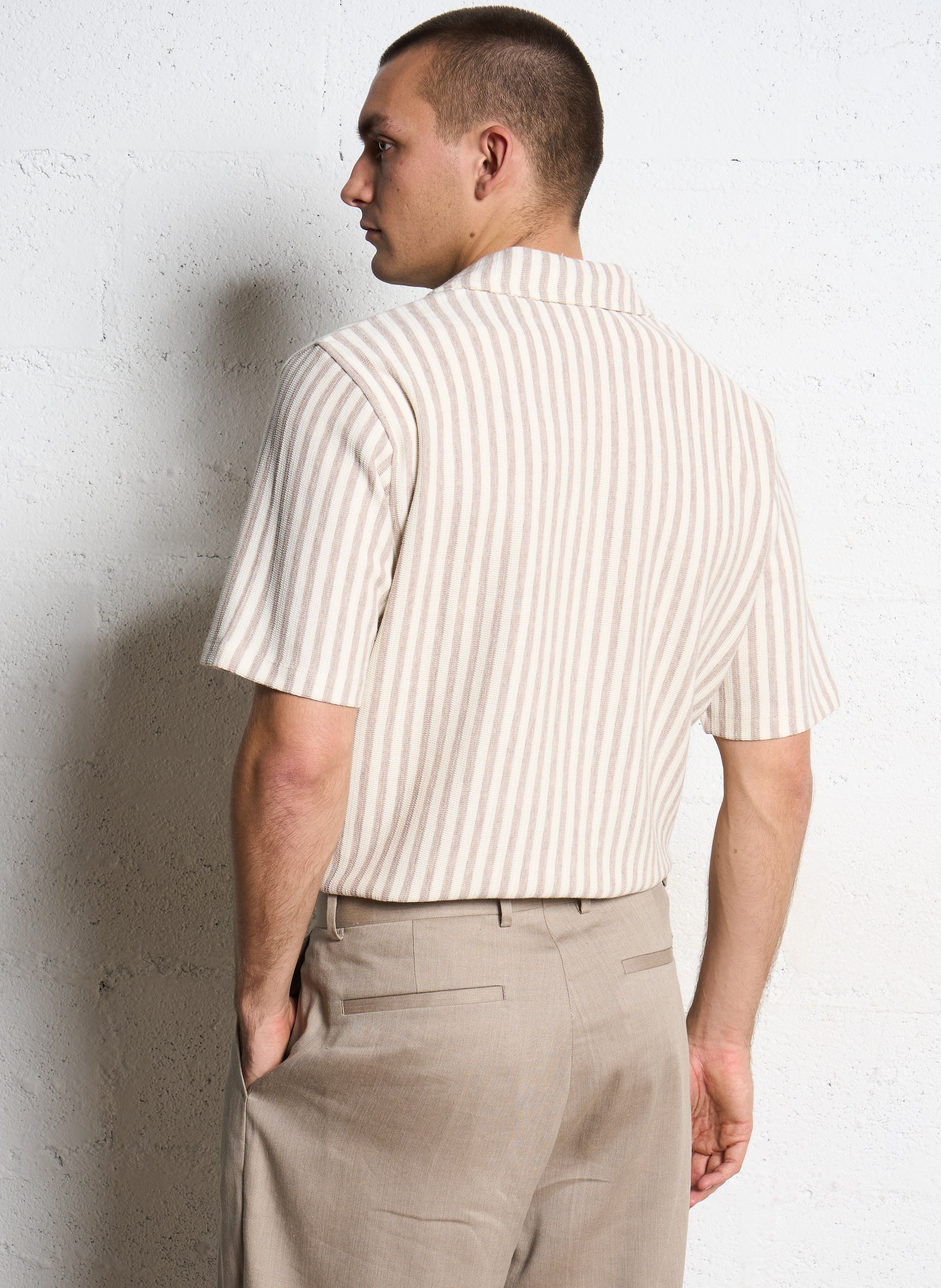 Chemise droite col classique en coton mélangé rayé IKKS Marron