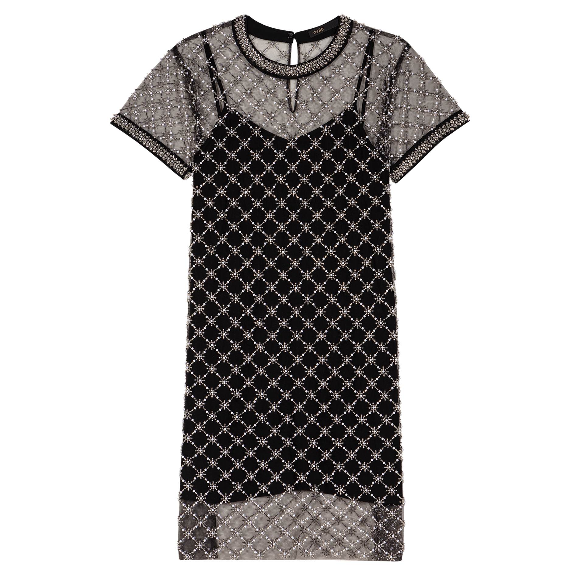 Robe courte droite perlée en transparence MAJE Noir