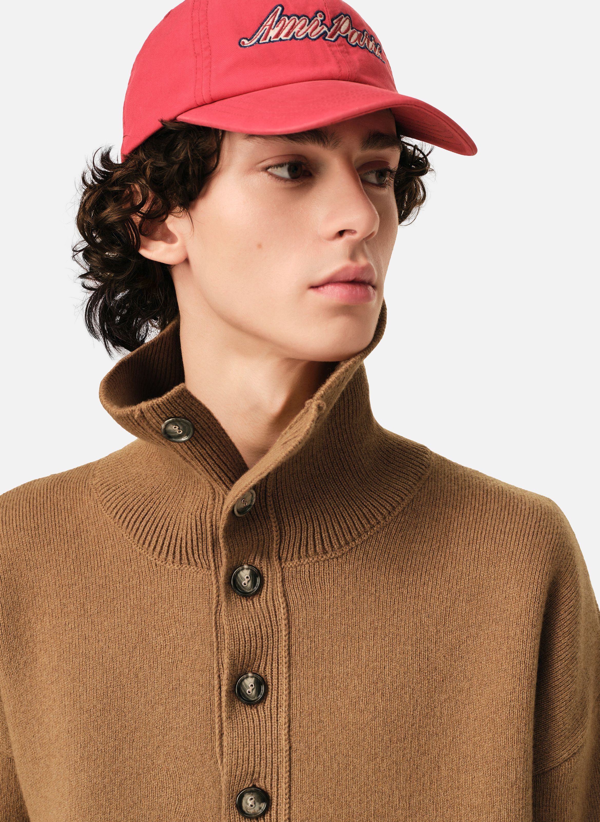 Pull col montant boutonné unisexe en laine AMI PARIS Marron