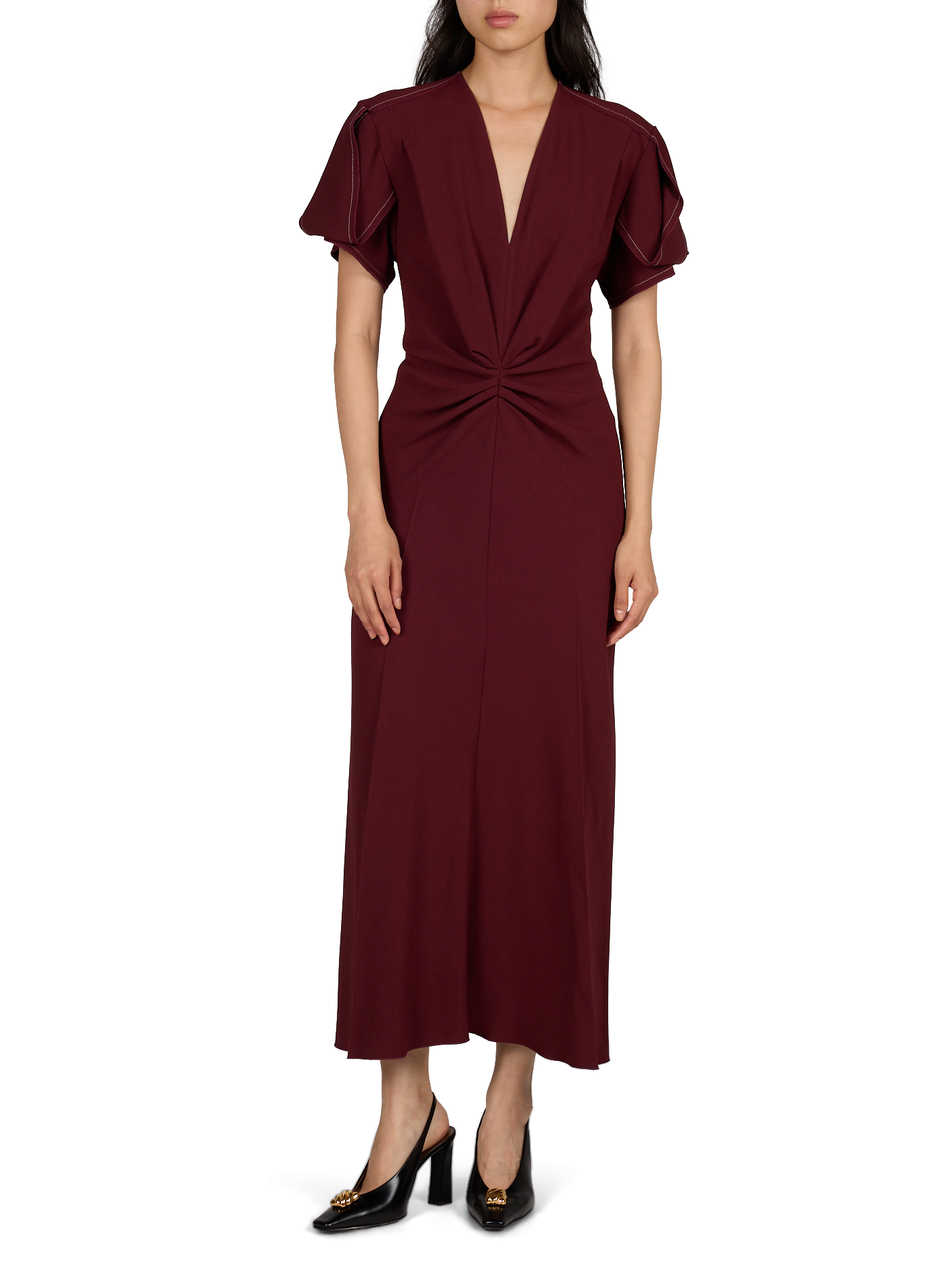 Lange jurk met V-hals en plooien VICTORIA BECKHAM Rood