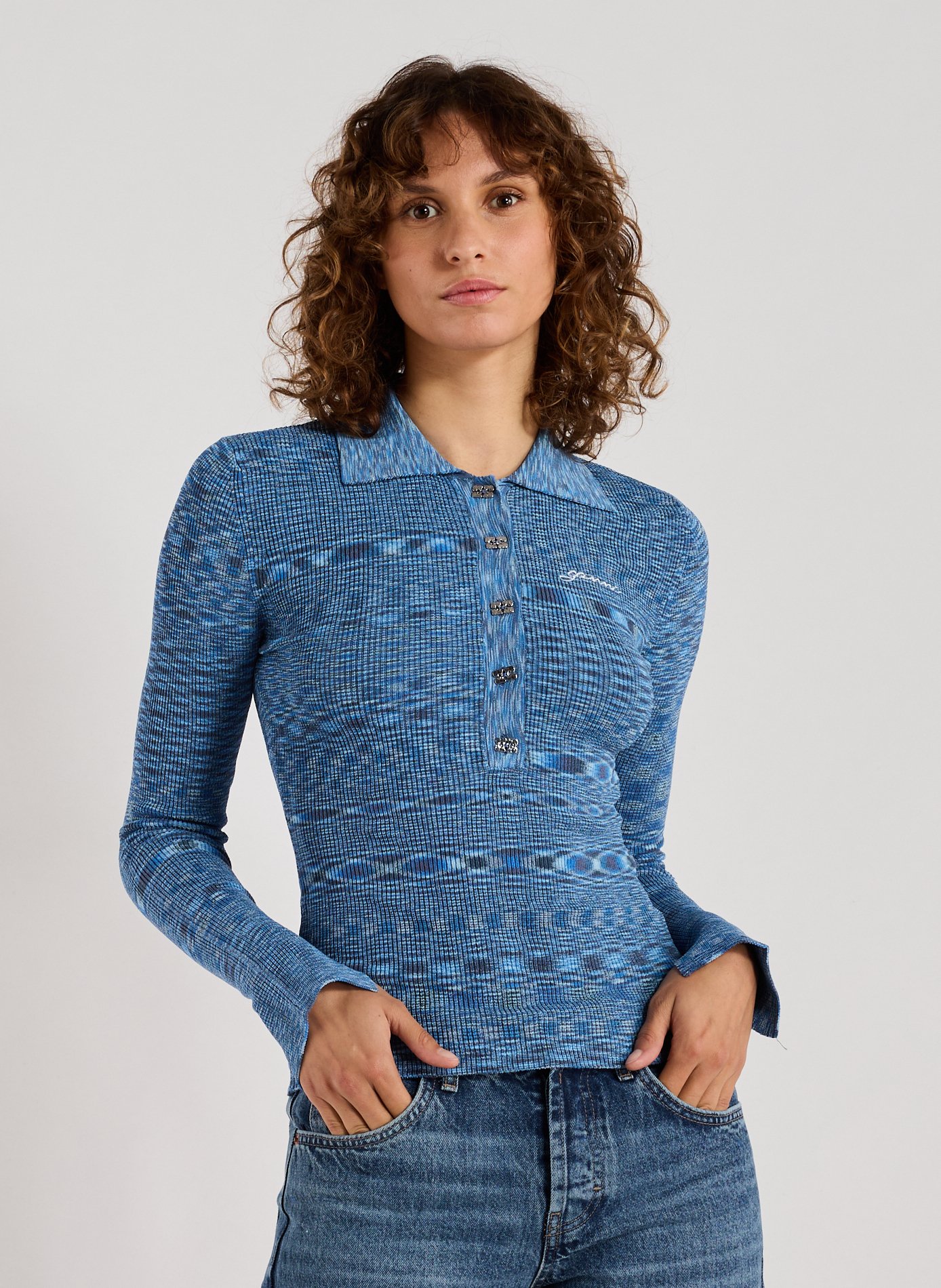 GANNI Printed long-sleeve polo Blue
