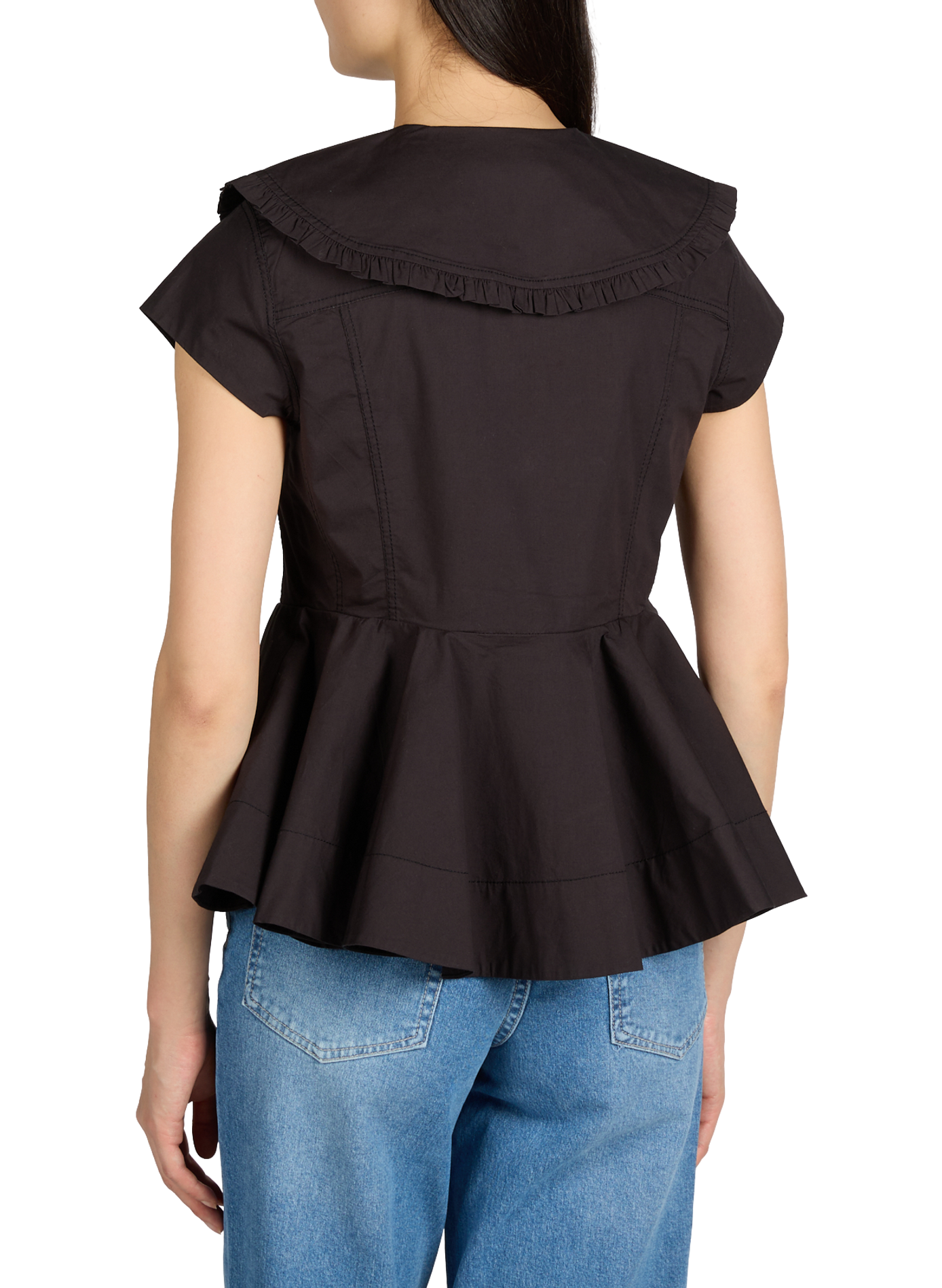 Shirt with ruffled collar and short sleeves in blended cotton GANNI Black