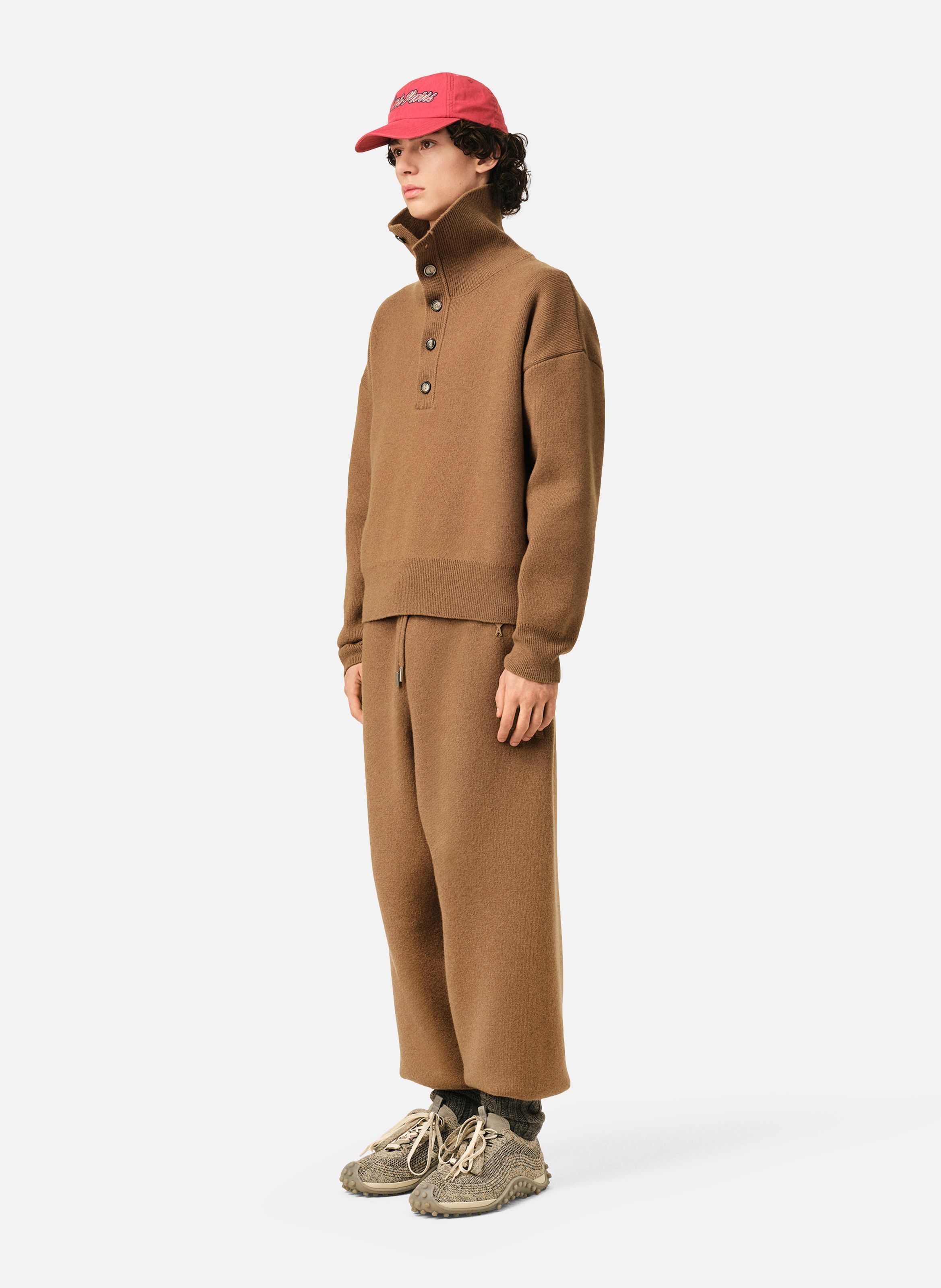 Pull col montant boutonné unisexe en laine AMI PARIS Marron