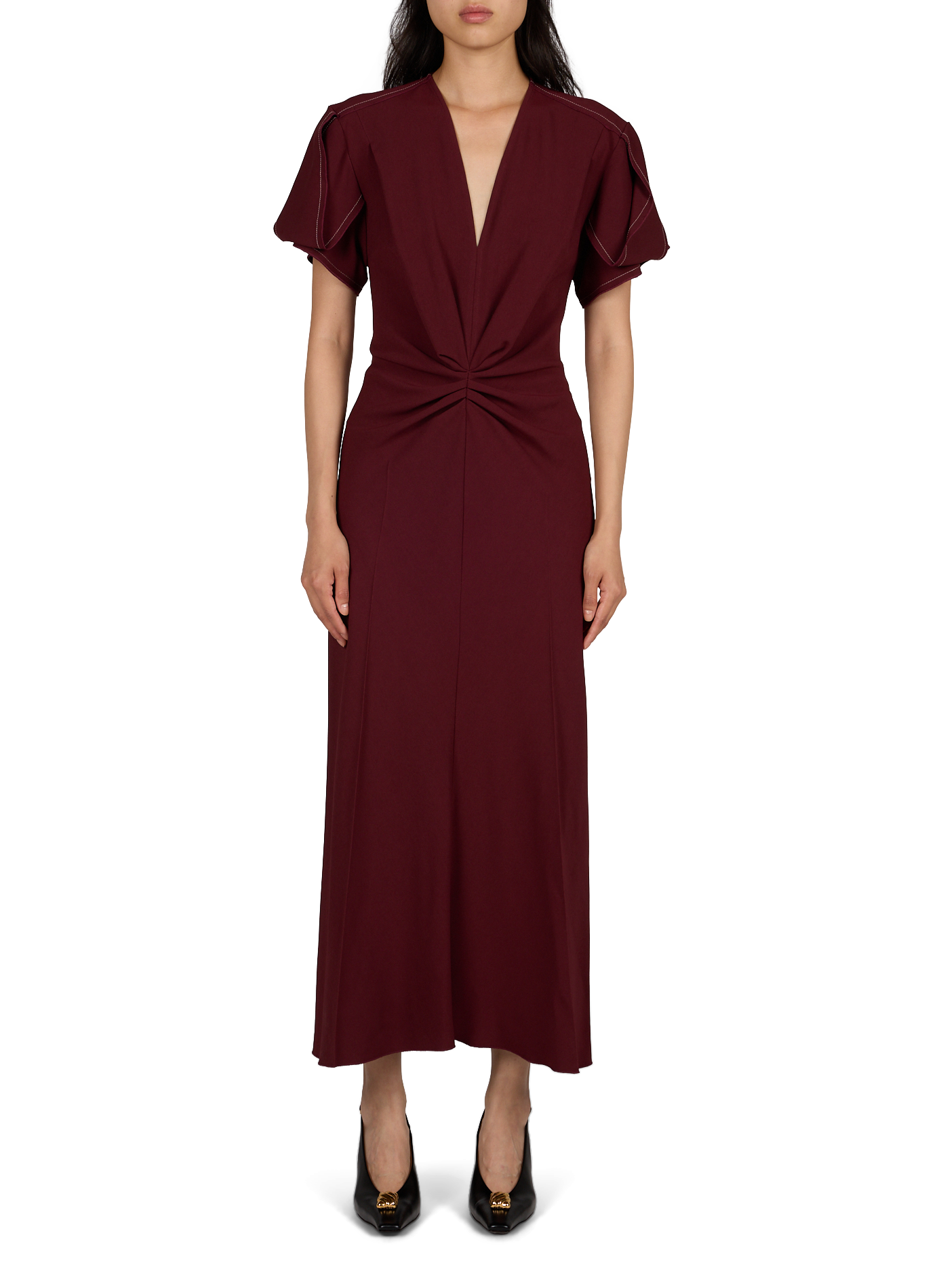 Lange jurk met V-hals en plooien VICTORIA BECKHAM Rood