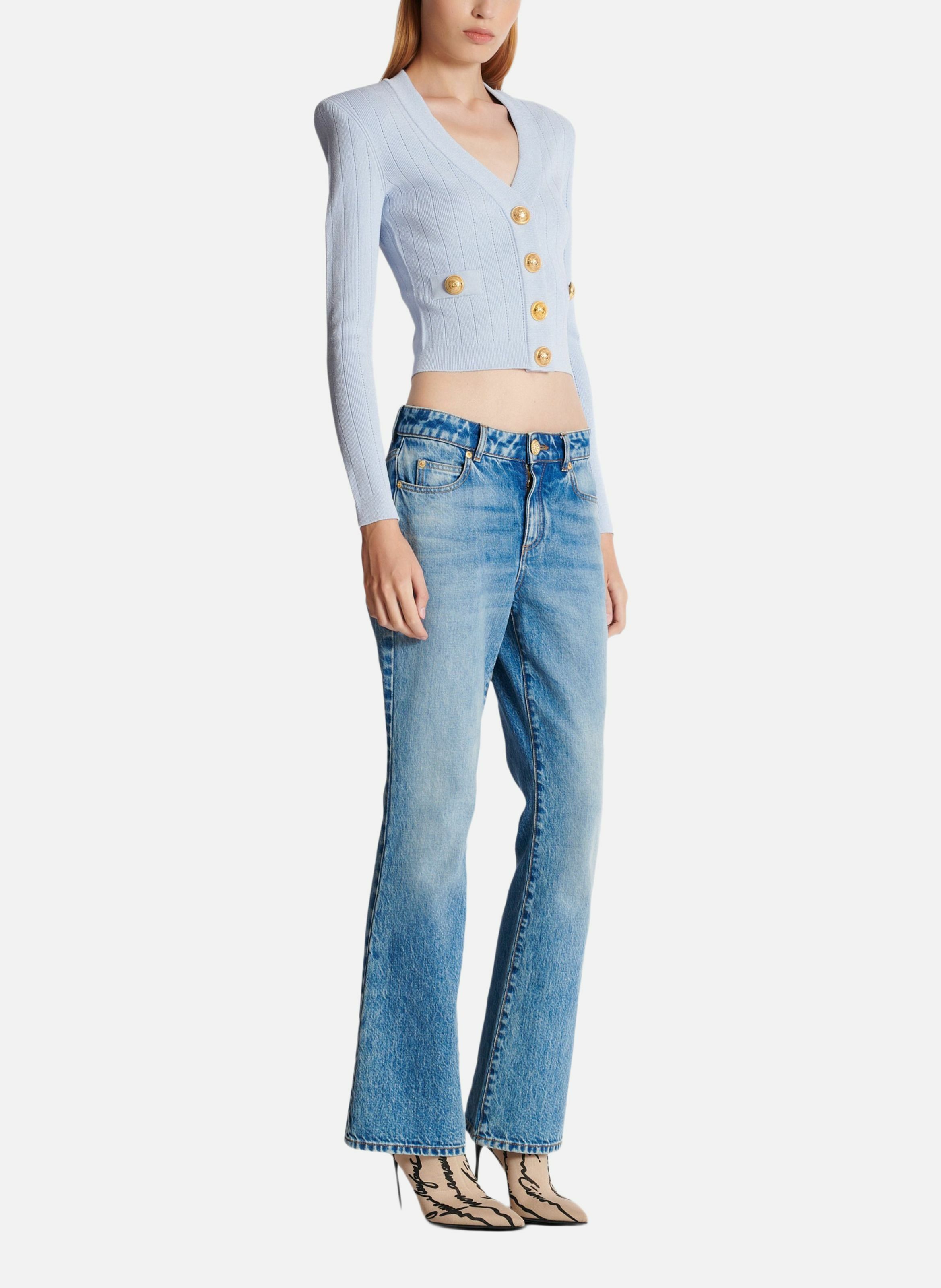 Cardigan court en maille BALMAIN Bleu